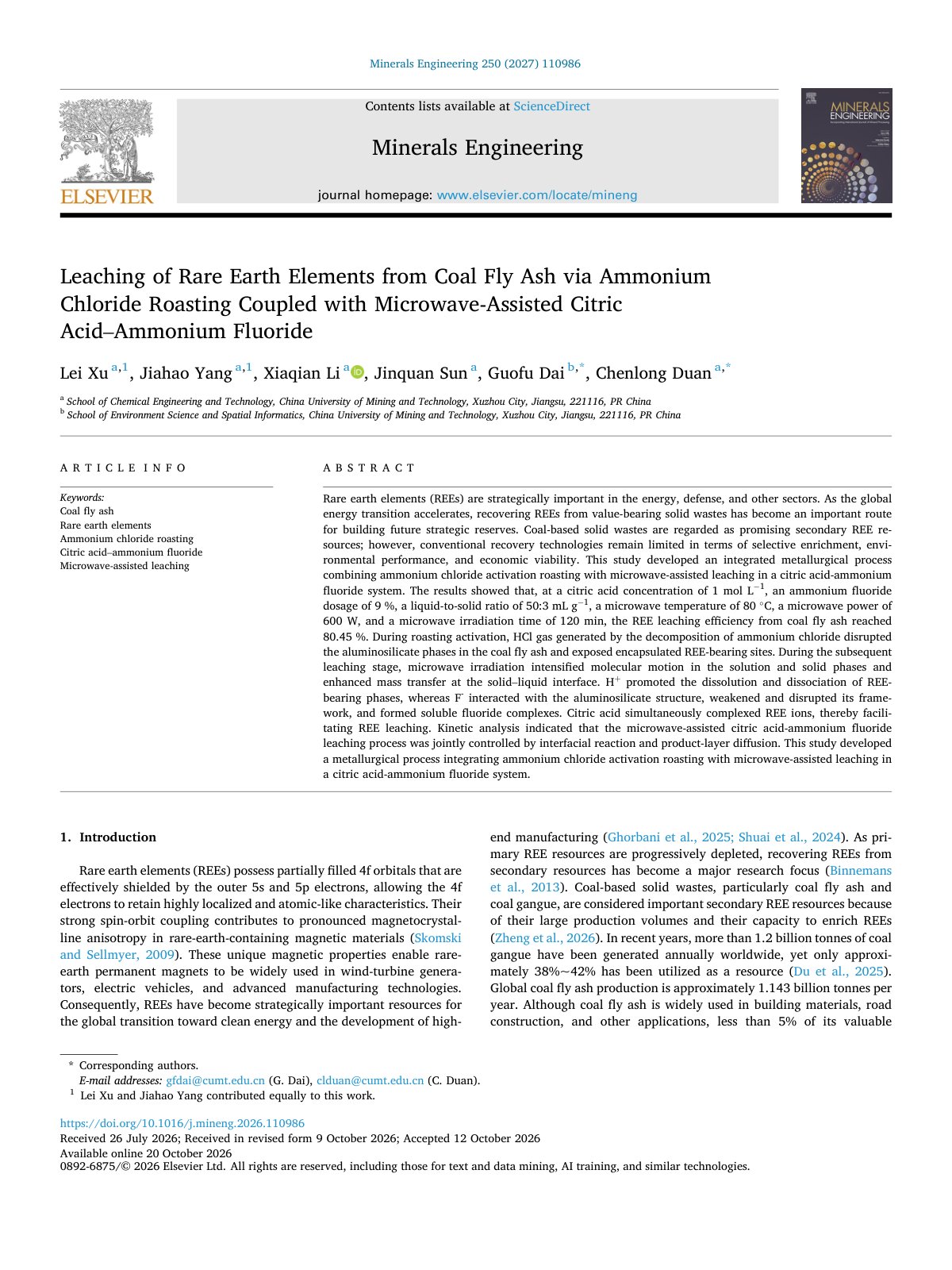 First page of Leaching of Rare Earth Elements from Coal Fly Ash via Ammonium 2027 Minerals