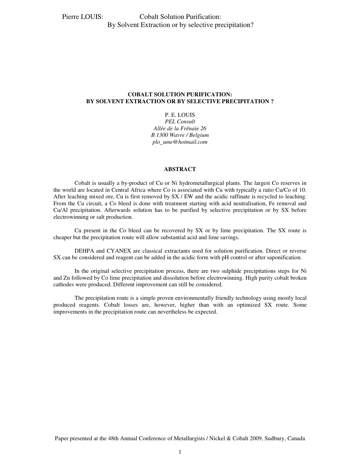 First page of Co ellyte purif paper by Louis