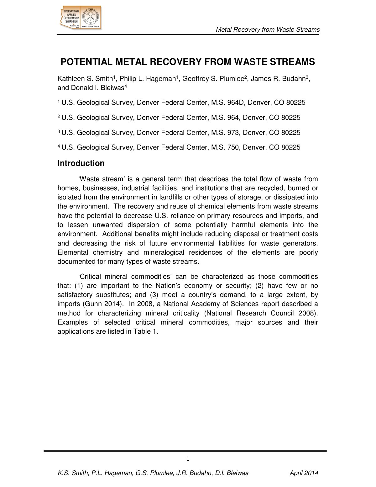 First page of Potential Metal Recovery from Waste Stre