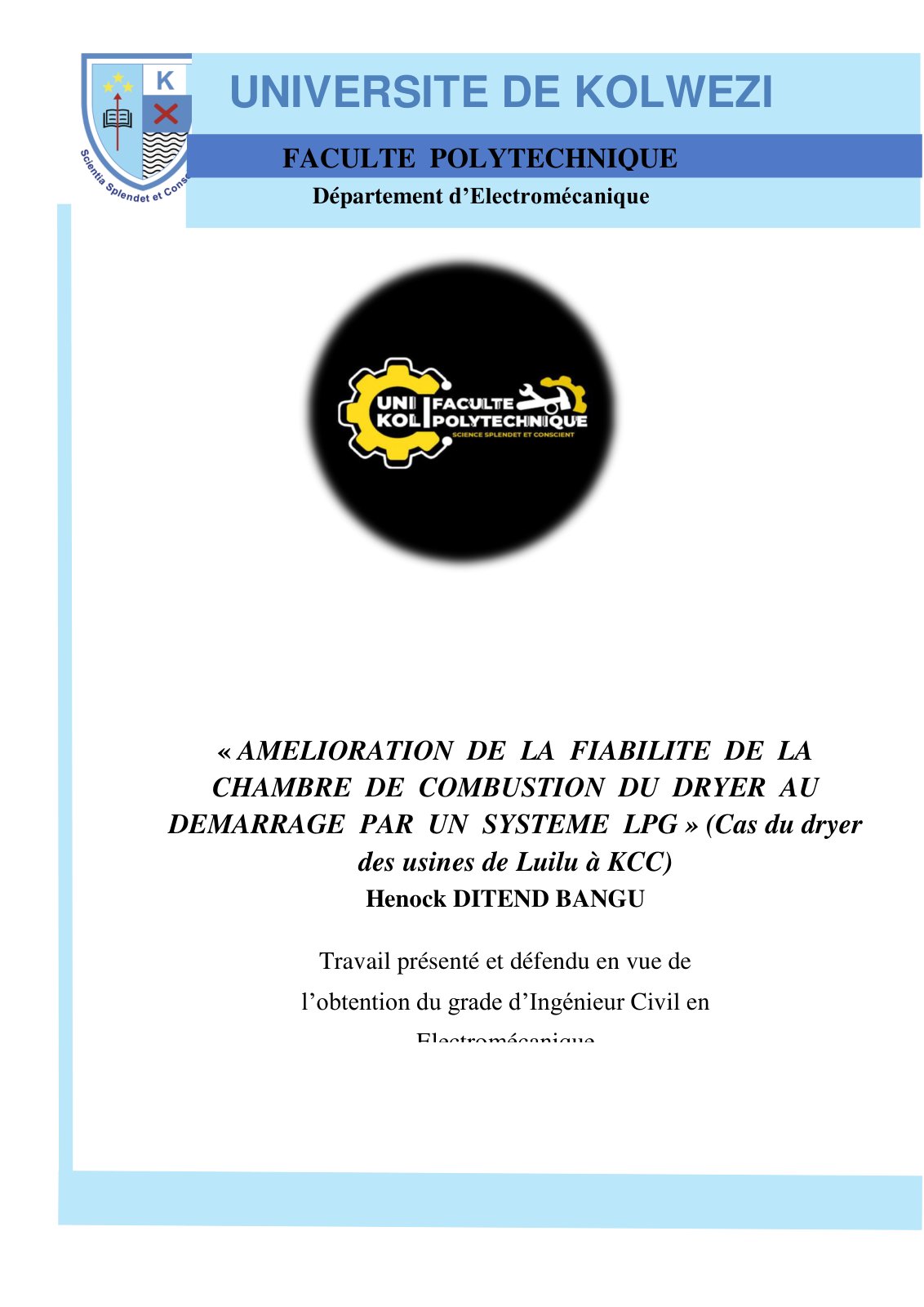 First page of AMELIORATION DE LA FIABILITE DE LA CHAMBRE DE COMBUSTION DU DRYER AU DEMARRAGE PAR UN SYSTEME LPG