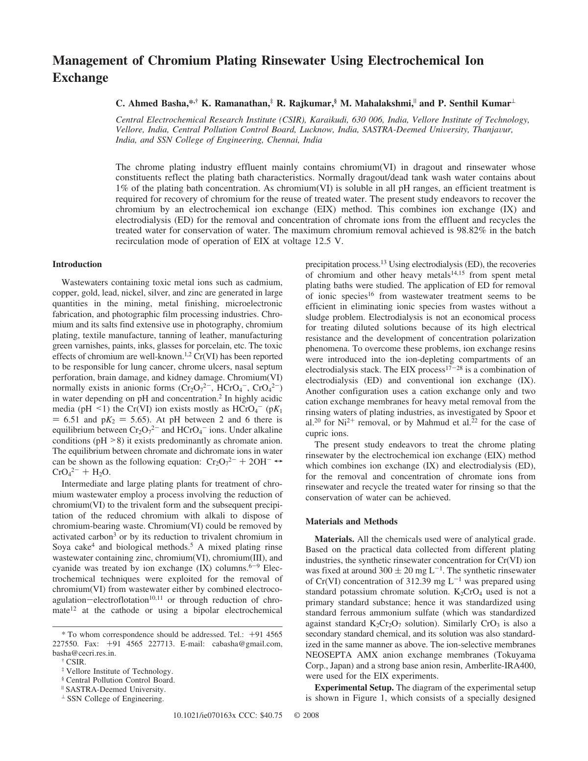 First page of Management of Chromium Plating Rinsewate