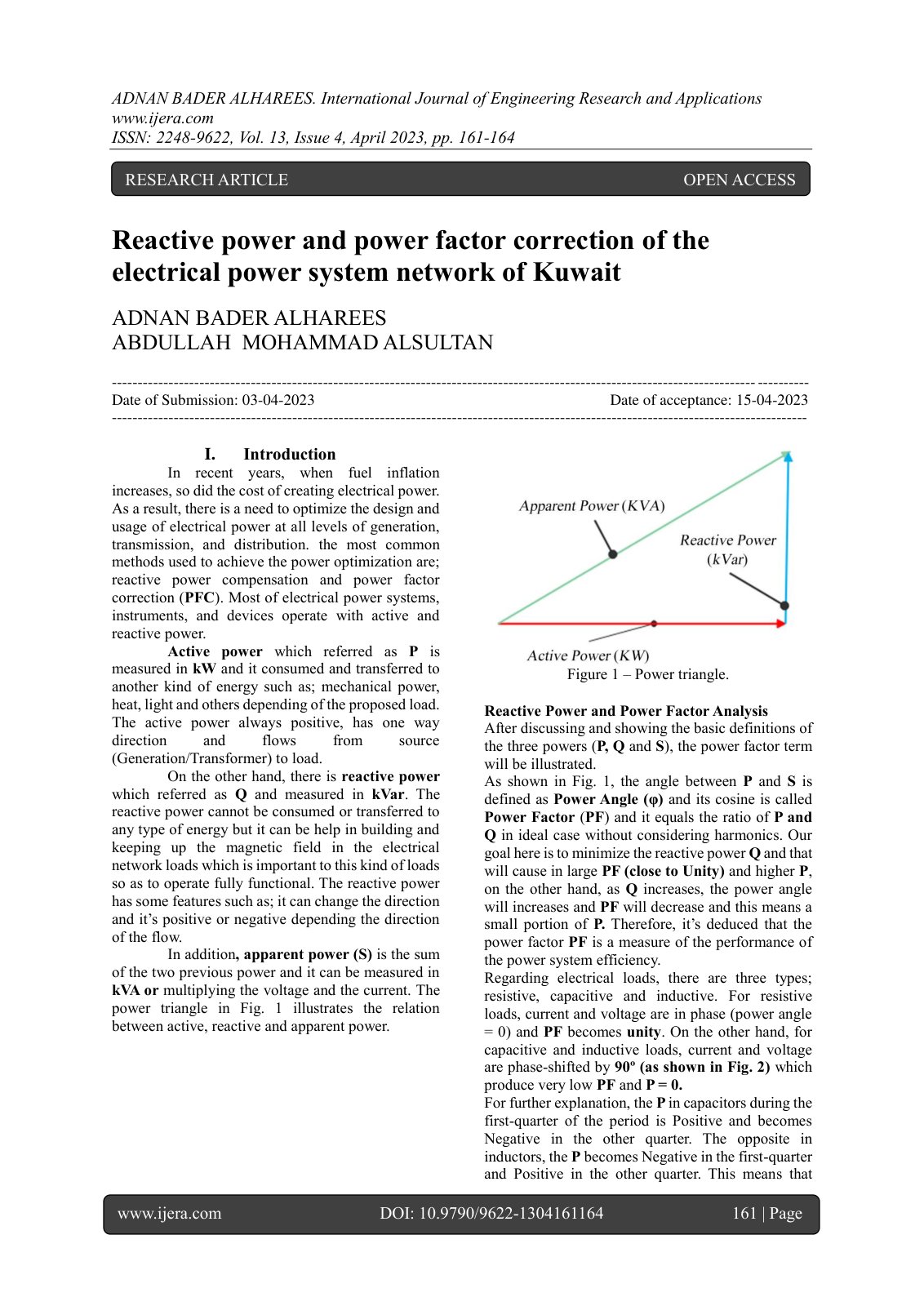 First page of Reactive power and power factor correction of the electrical power system network of Kuwait