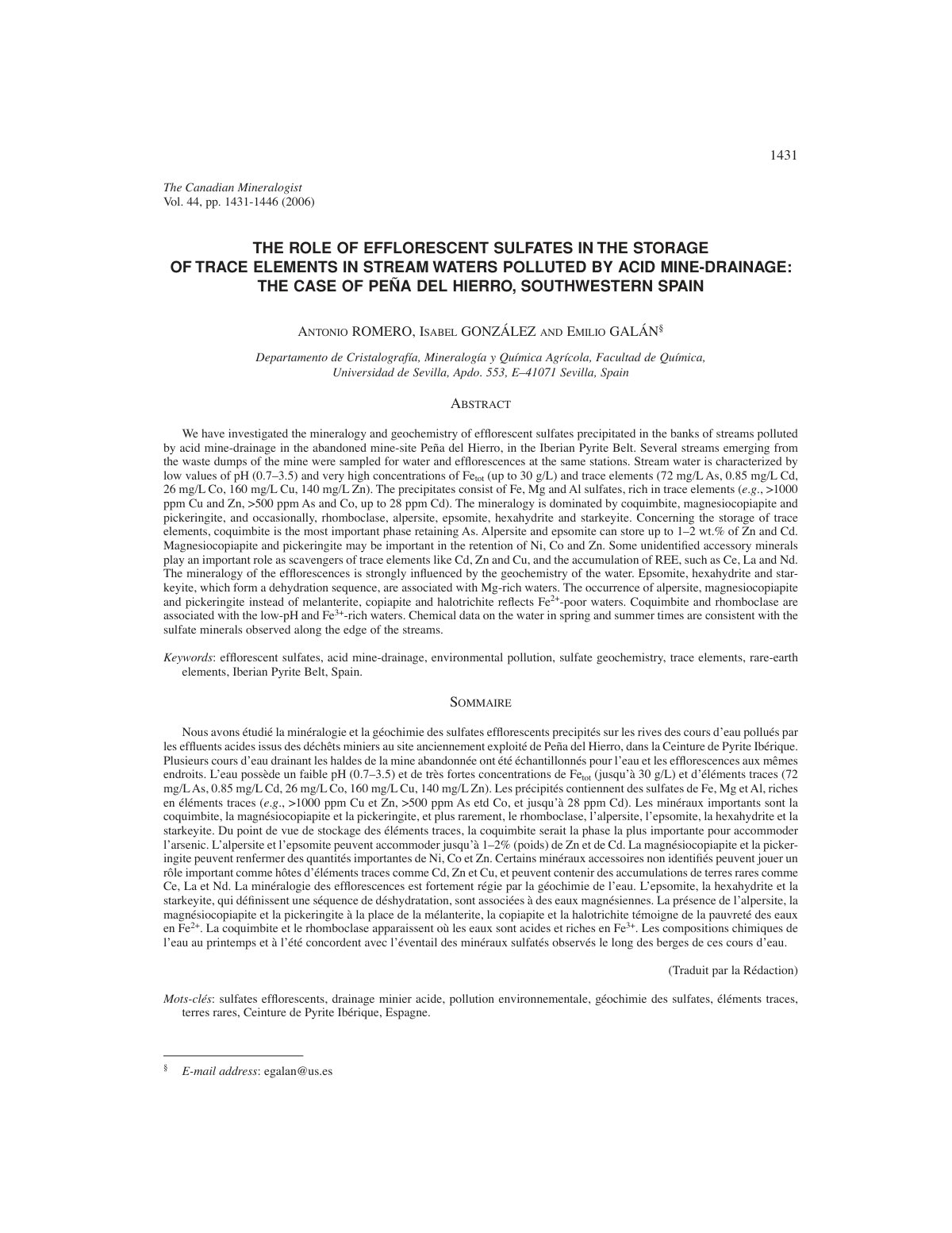 First page of THE ROLE OF EFFLORESCENT SULFATES IN THE STORAGE OF TRACE ELEMENTS IN STREAM WATERS POLLUTED BY ACID MINE-DRAINAGE: THE CASE OF PEÑA DEL HIERRO, SOUTHWESTERN SPAIN