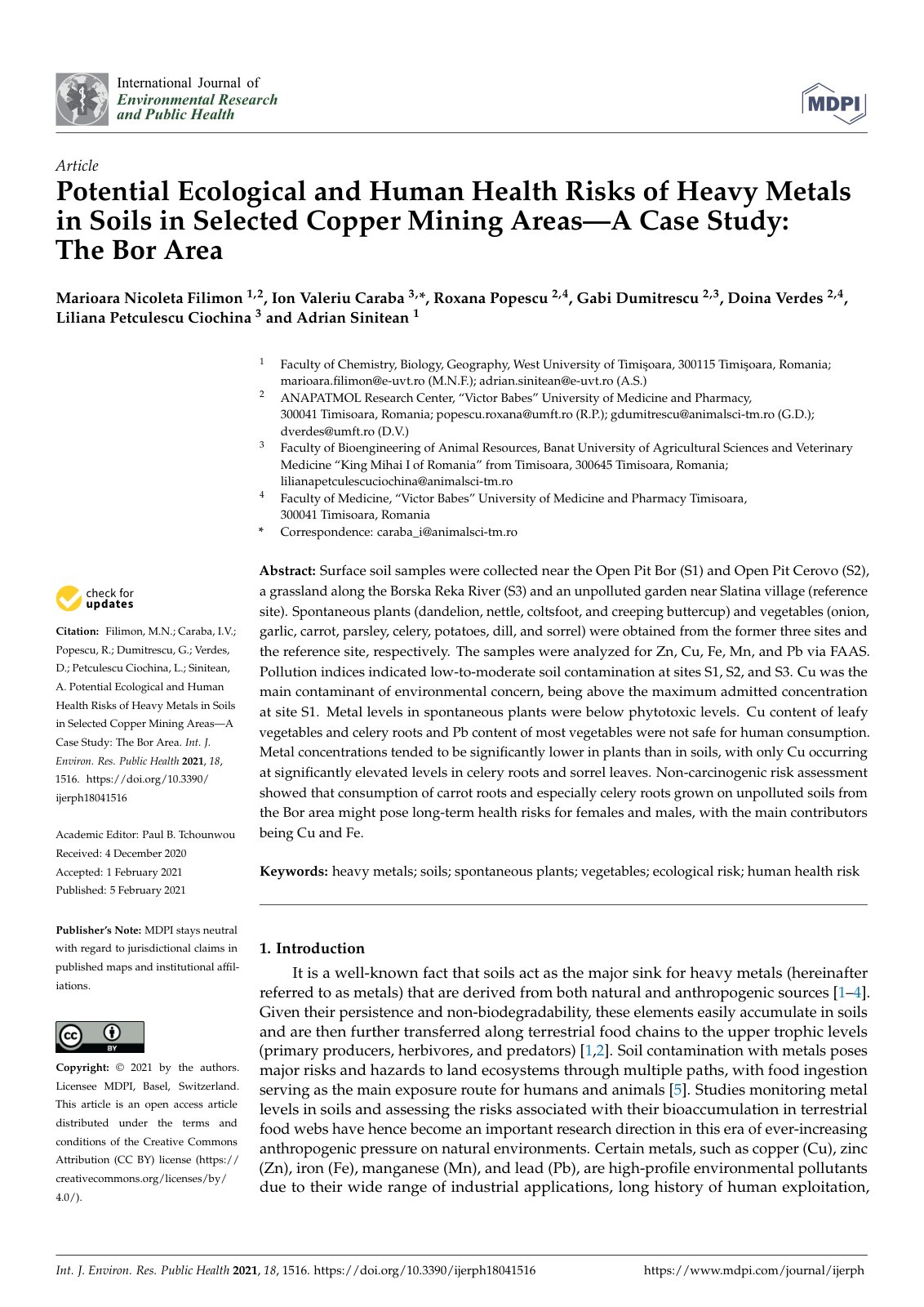 First page of Potential Ecological and Human Health Risks of Heavy Metals in Soils in Selected Copper Mining Areas—A Case Study: The Bor Area