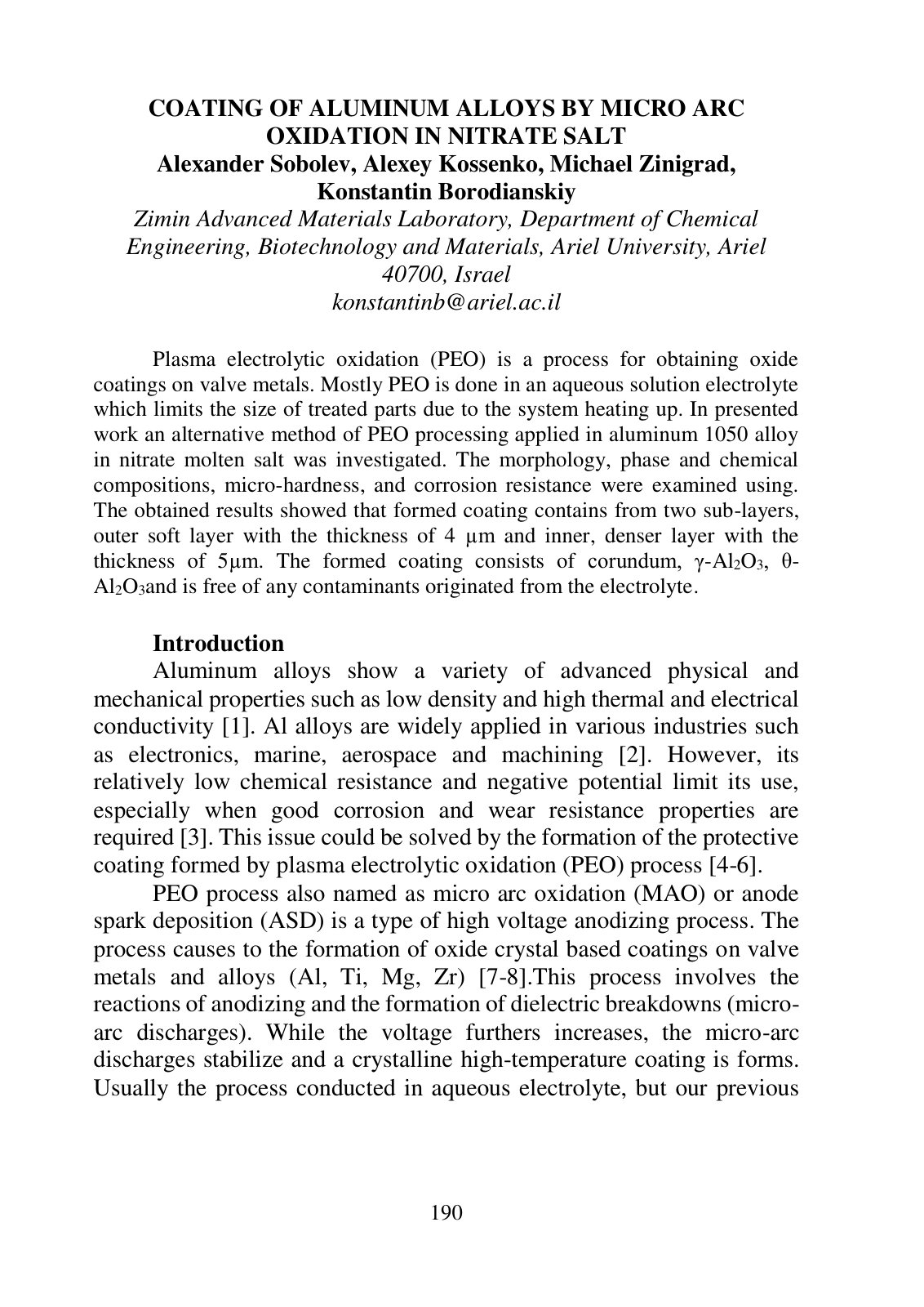 First page of 2018 Sobolev Micro Arc Oxidation Aluminum Nitrate Salt