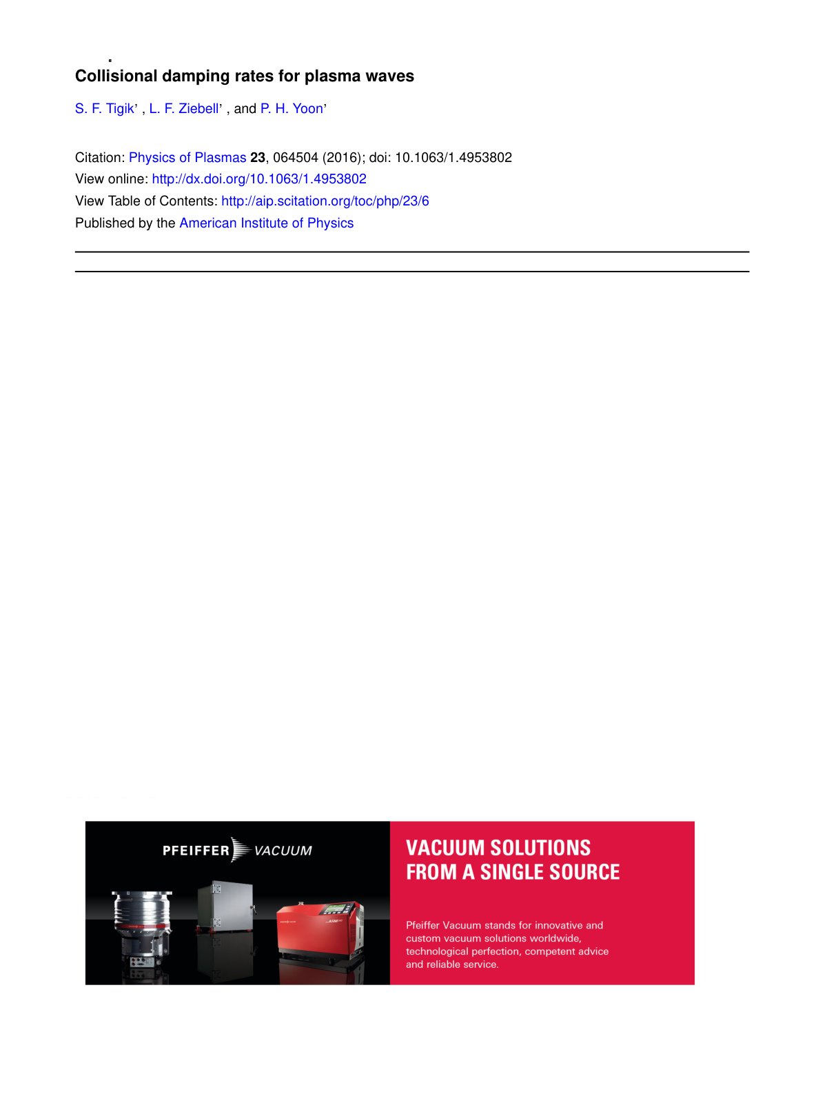 First page of Collisional damping rates for plasma wav
