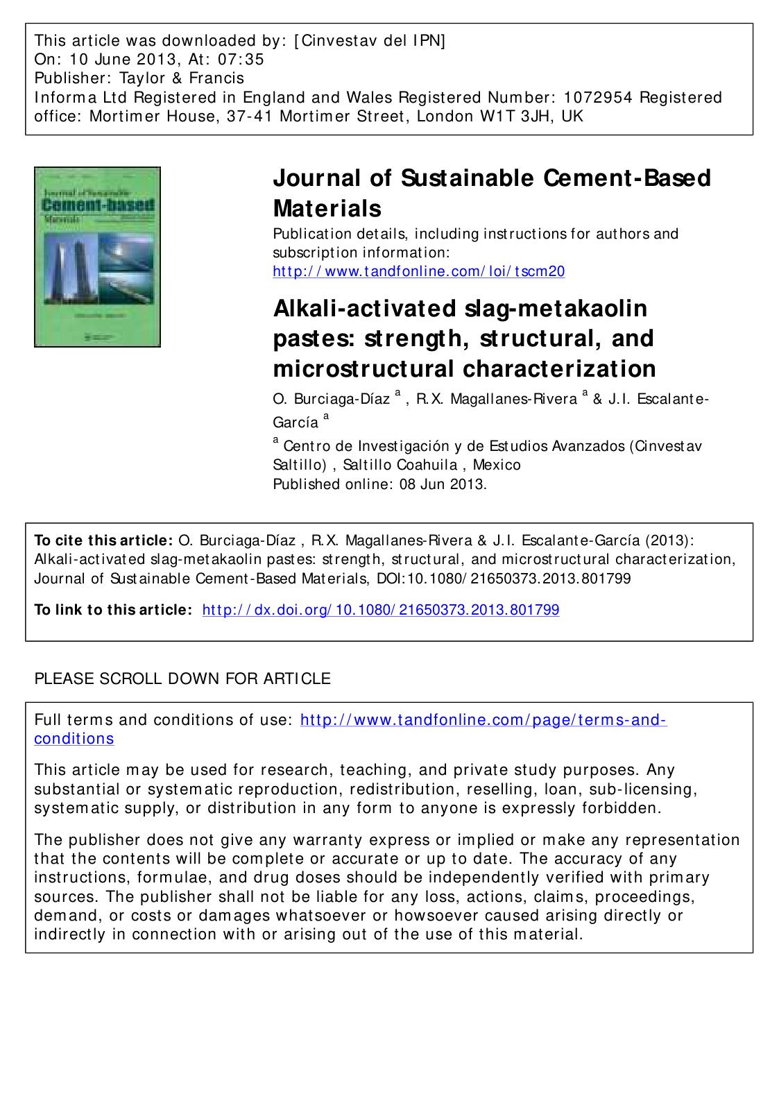 First page of Alkali-activated slag-metakaolin pastes: strength, structural, and microstructural characterization