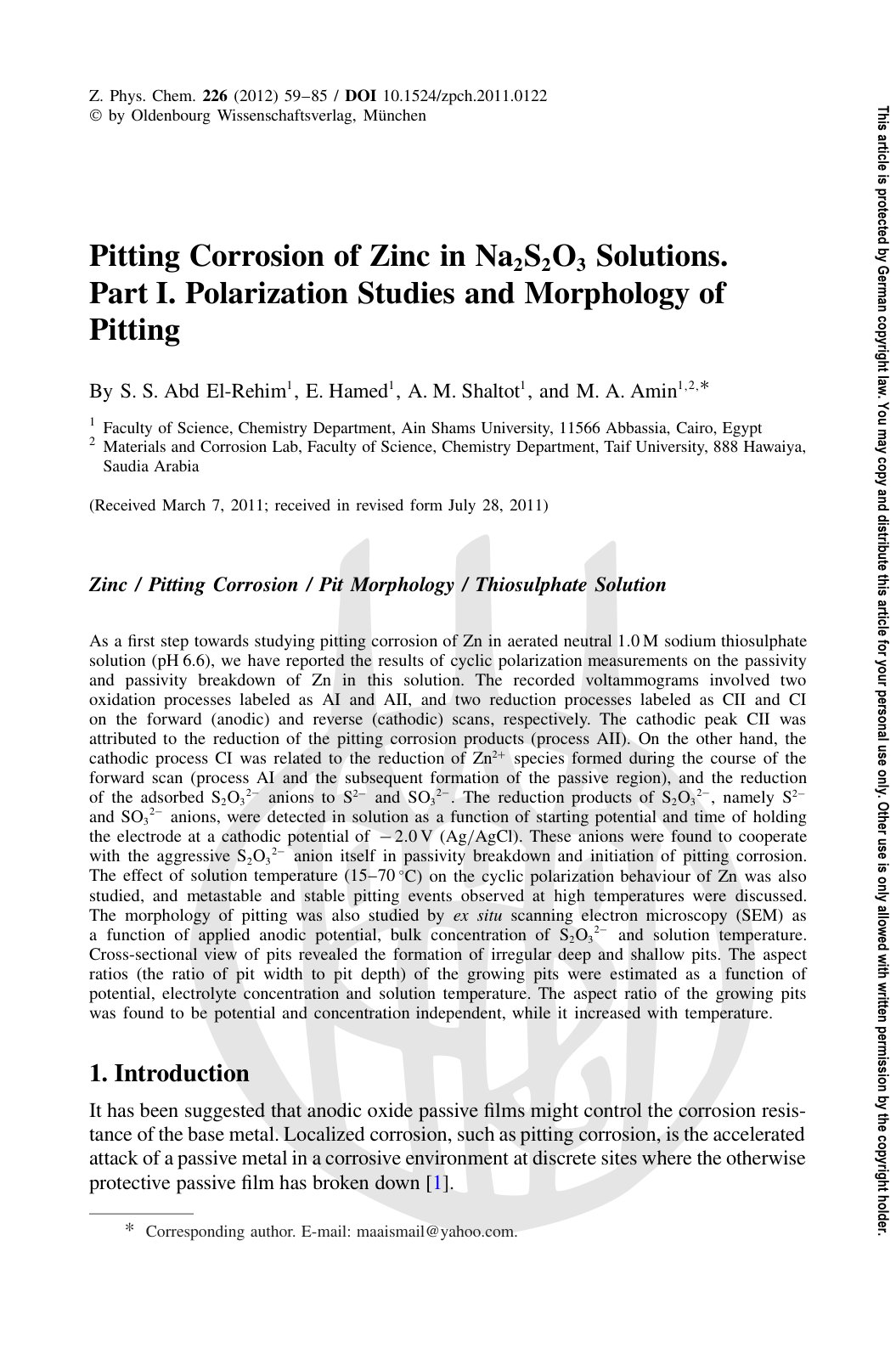 First page of Pitting Corrosion of Zinc in Na 2 S 2 O
