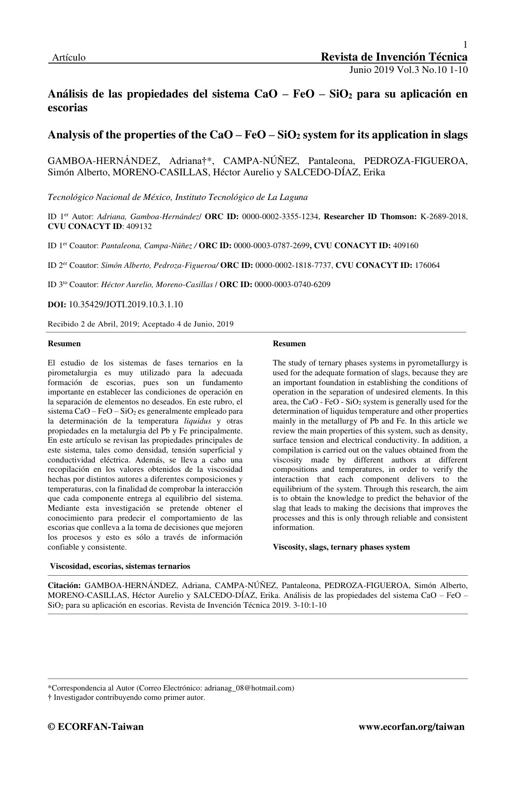 First page of Análisis de las propiedades del sistema CaO – FeO – SiO2 para su aplicación en escorias