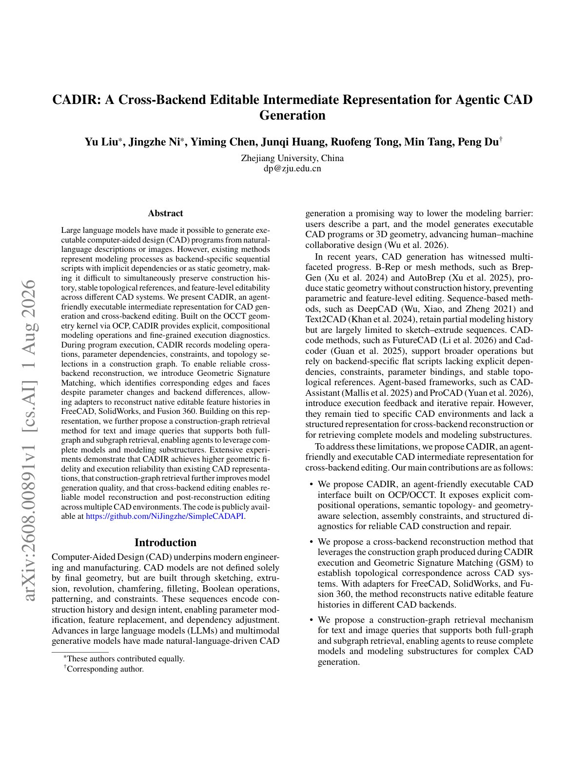 First page of 2026 Liu CADIR Agentic CAD Representation (1)