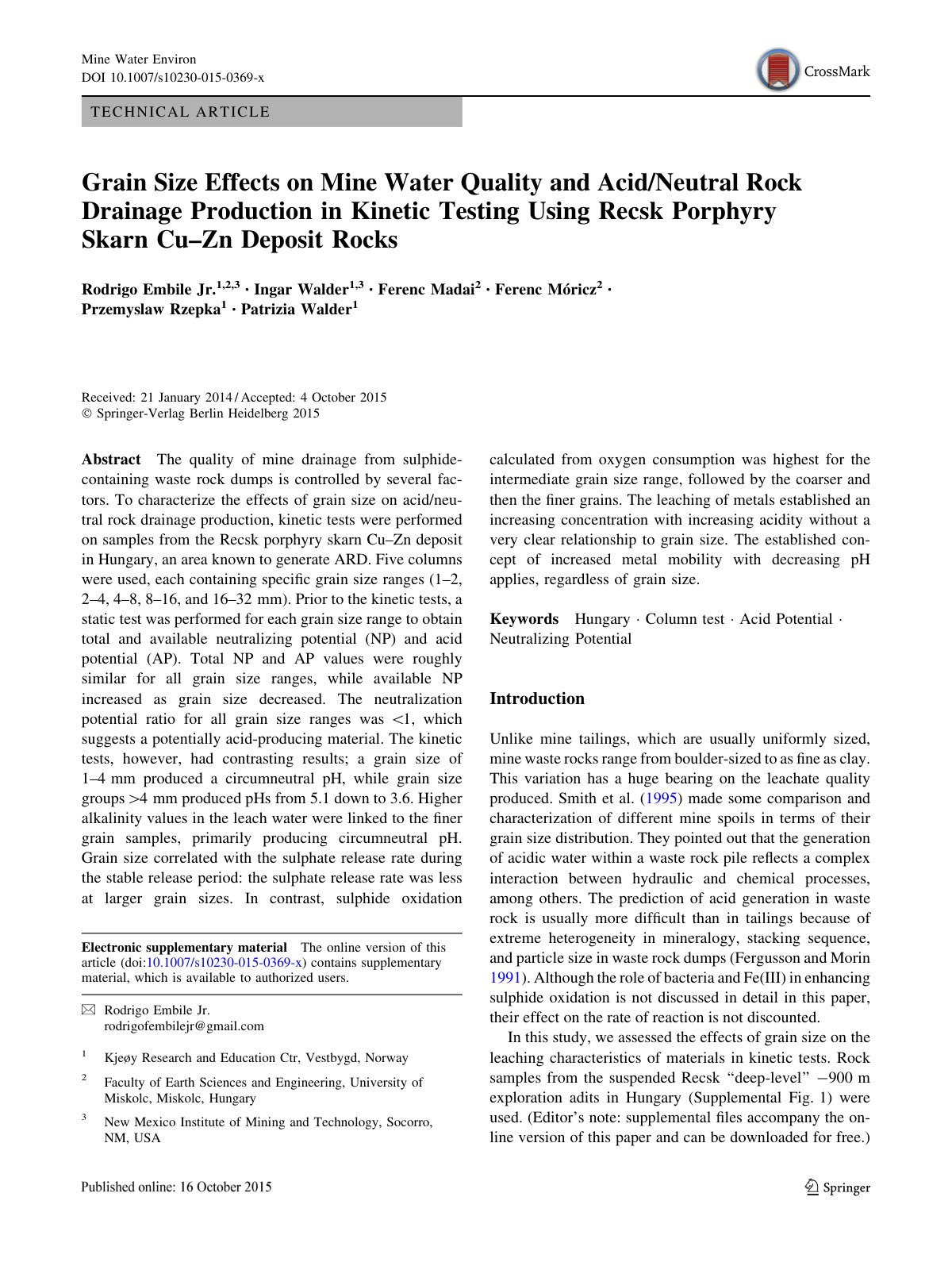 First page of Grain Size Effects on Mine Water Quality and Acid/Neutral Rock Drainage Production in Kinetic Testing Using Recsk Porphyry Skarn Cu–Zn Deposit Rocks