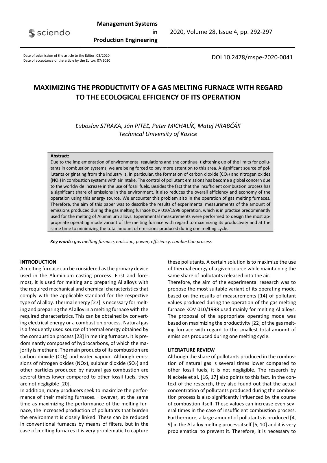 First page of Maximizing the productivity of a gas melting furnace with regard to the ecological efficiency of its operation