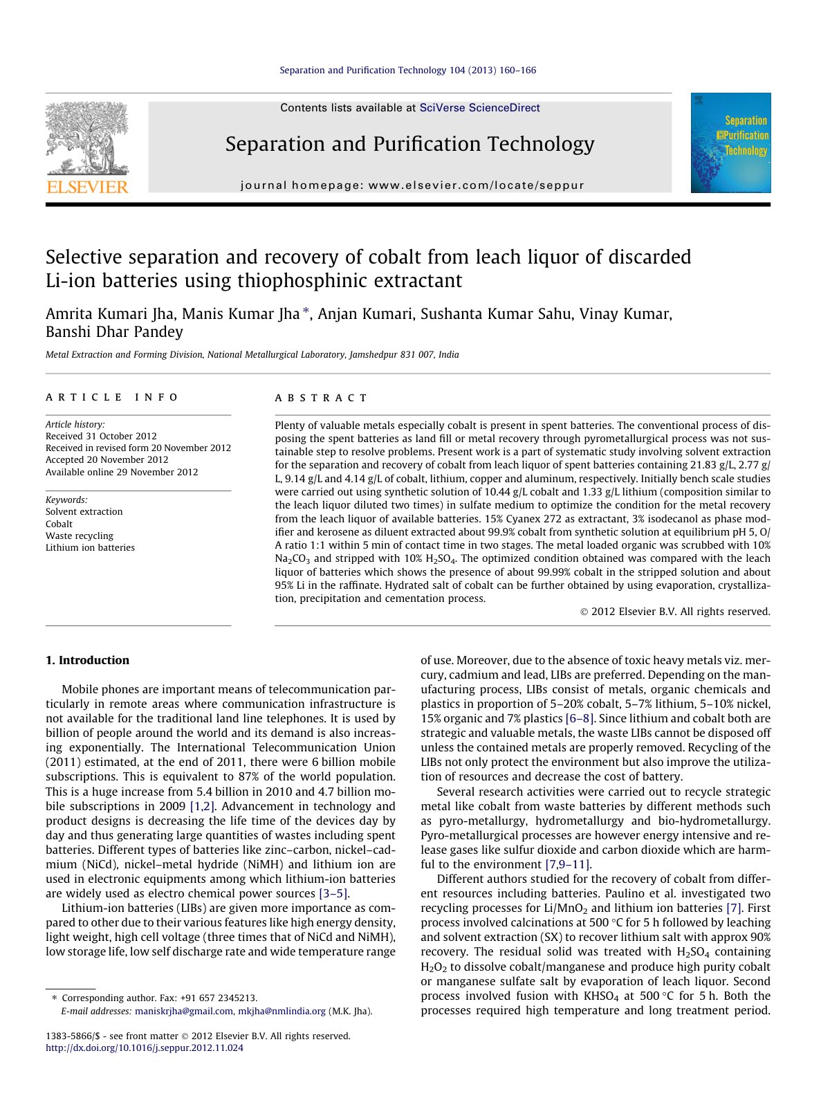 First page of Selective separation and recovery of cob