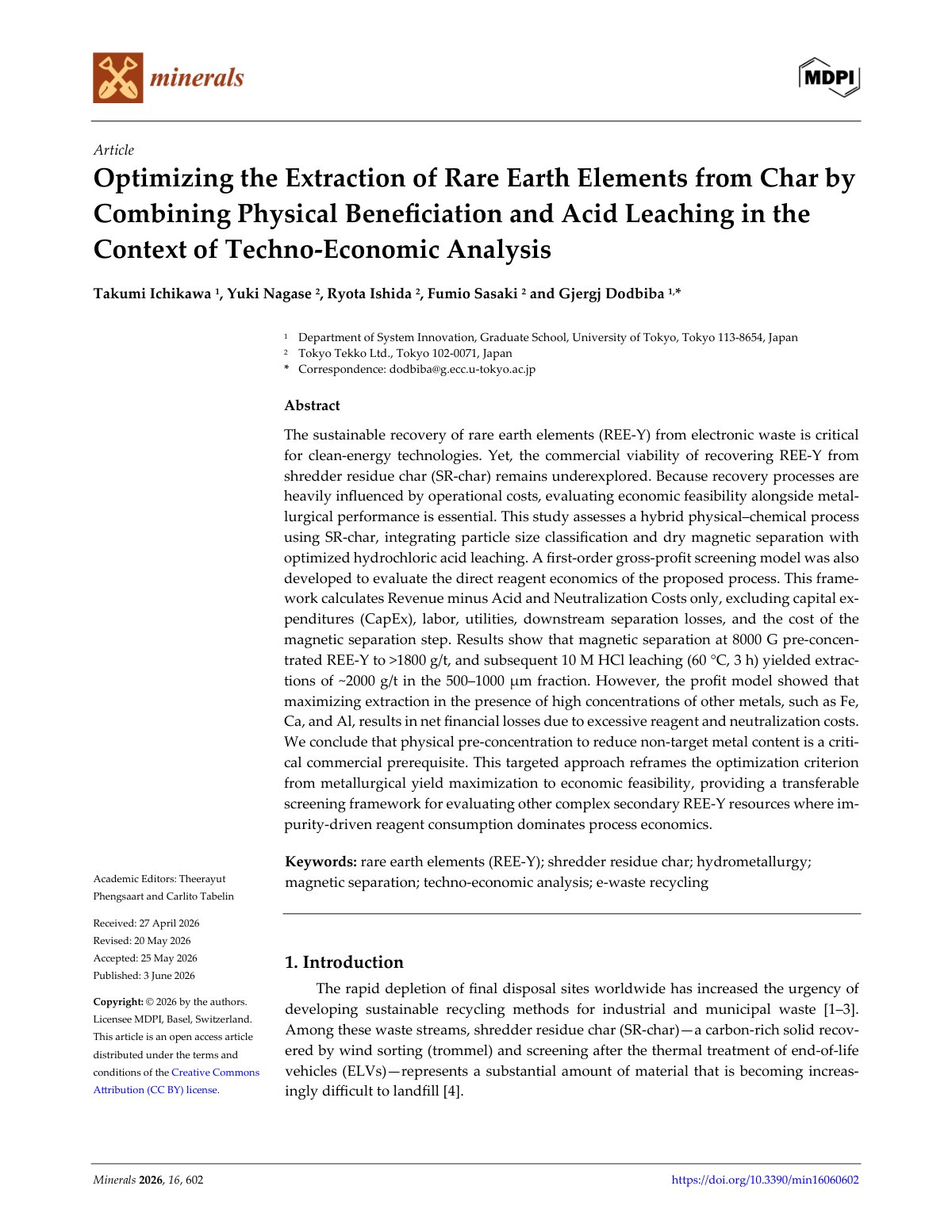 First page of 2026   Ichikawa   Rare earth extraction from char with techno economics