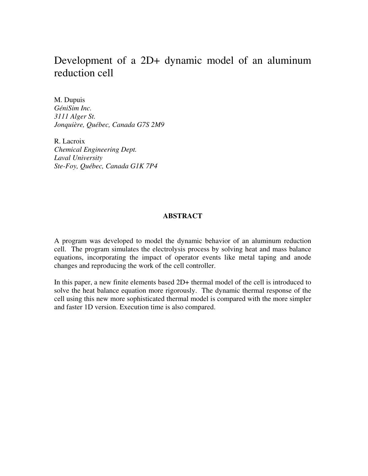 First page of Development of a 2D+ dynamic model of an aluminum reduction cell