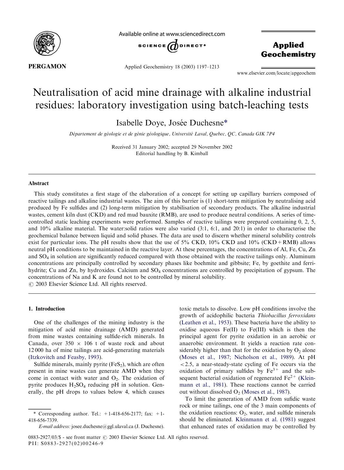 First page of Neutralisation of acid mine drainage with alkaline industrial residues: laboratory investigation using batch-leaching tests