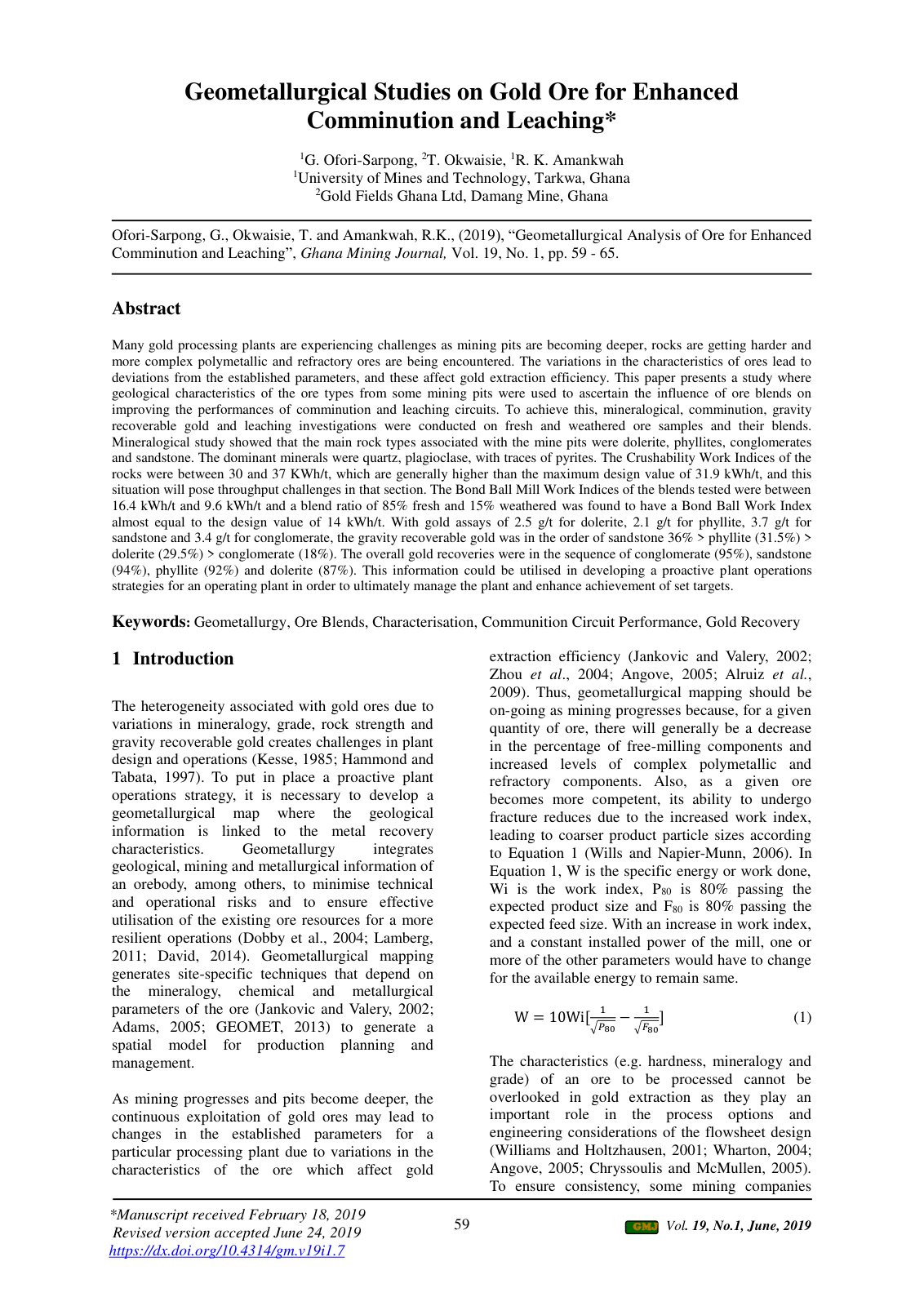 First page of Geometallurgical Studies on Gold Ore for