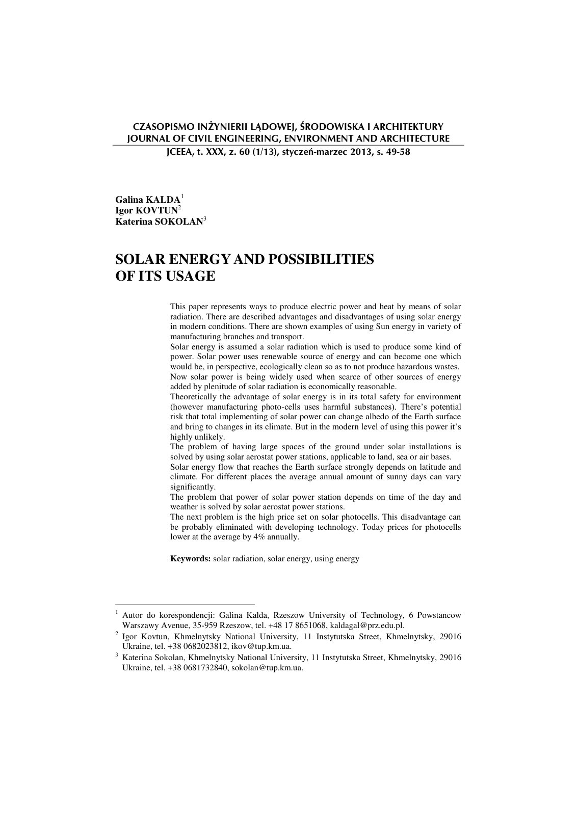 First page of SOLAR ENERGY AND POSSIBILITIES OF ITS USAGE