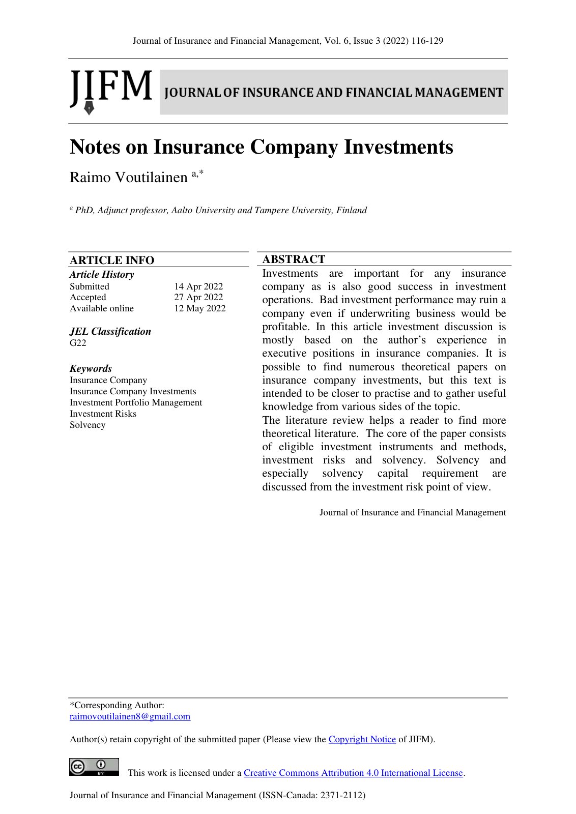 First page of Notes on Insurance Company Investments