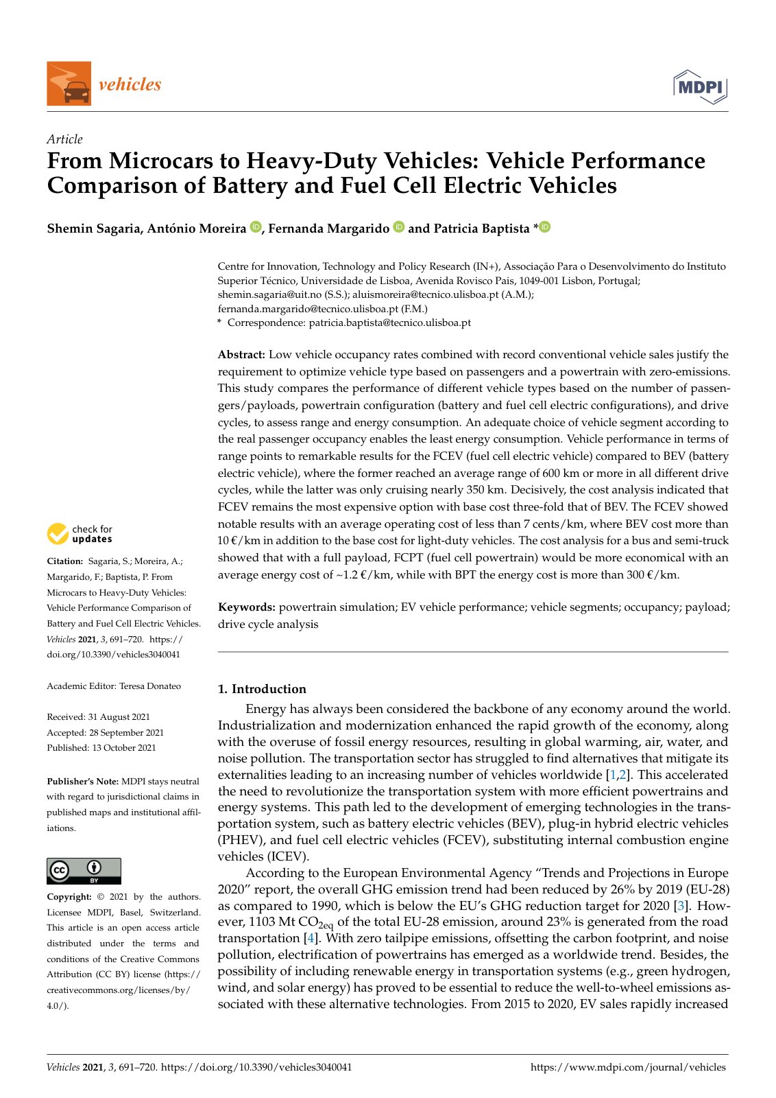 First page of From Microcars to Heavy-Duty Vehicles: Vehicle Performance Comparison of Battery and Fuel Cell Electric Vehicles