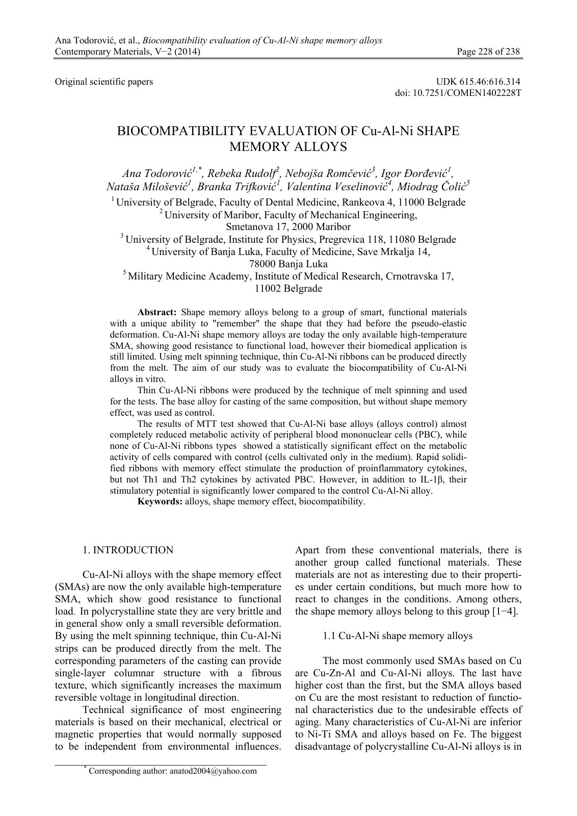First page of Biocompatibility evaluation of Cu-Al-Ni shape memory alloys