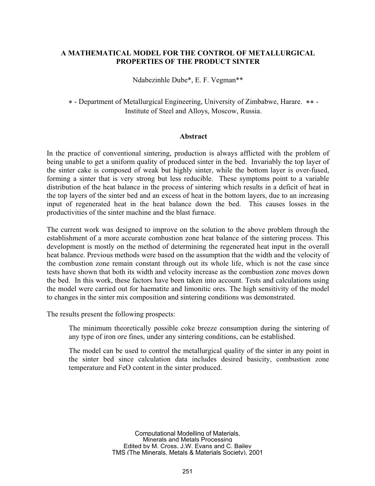 First page of A MATHEMATICAL MODEL FOR THE CONTROL OF METALLURGICAL PROPERTIES OF THE PRODUCT SINTER
