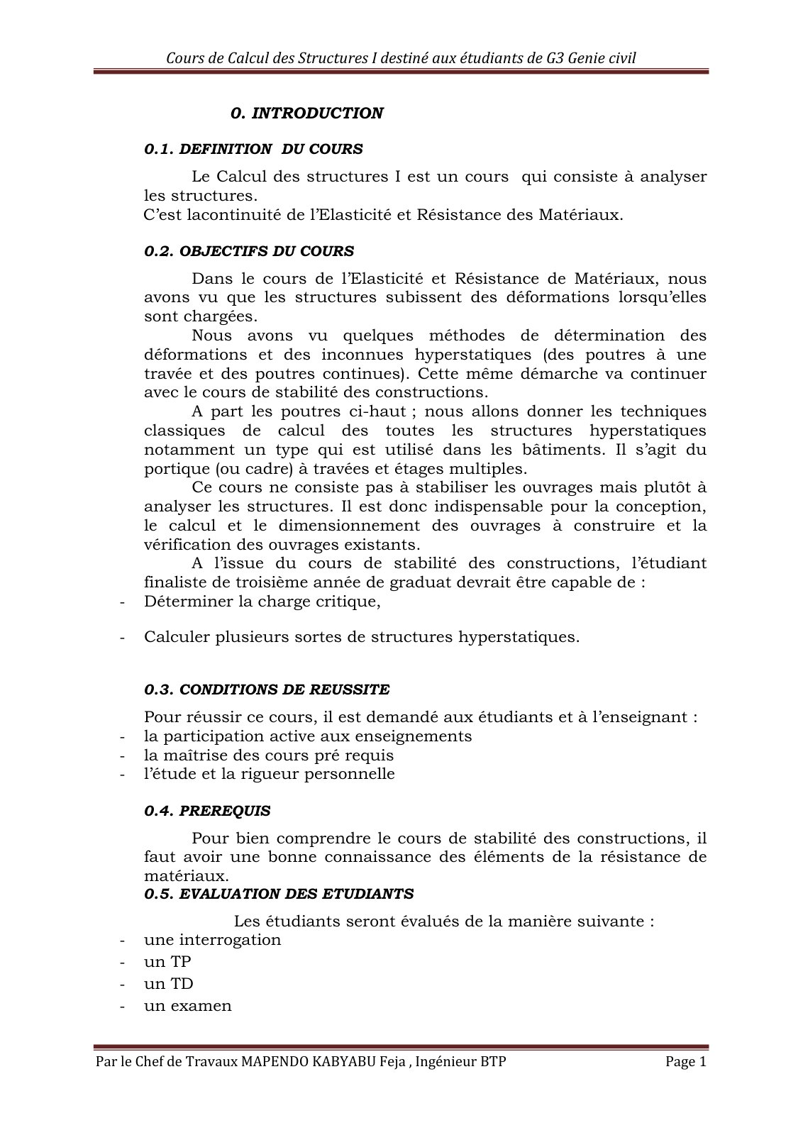 First page of cours de calcul des structures bachelier