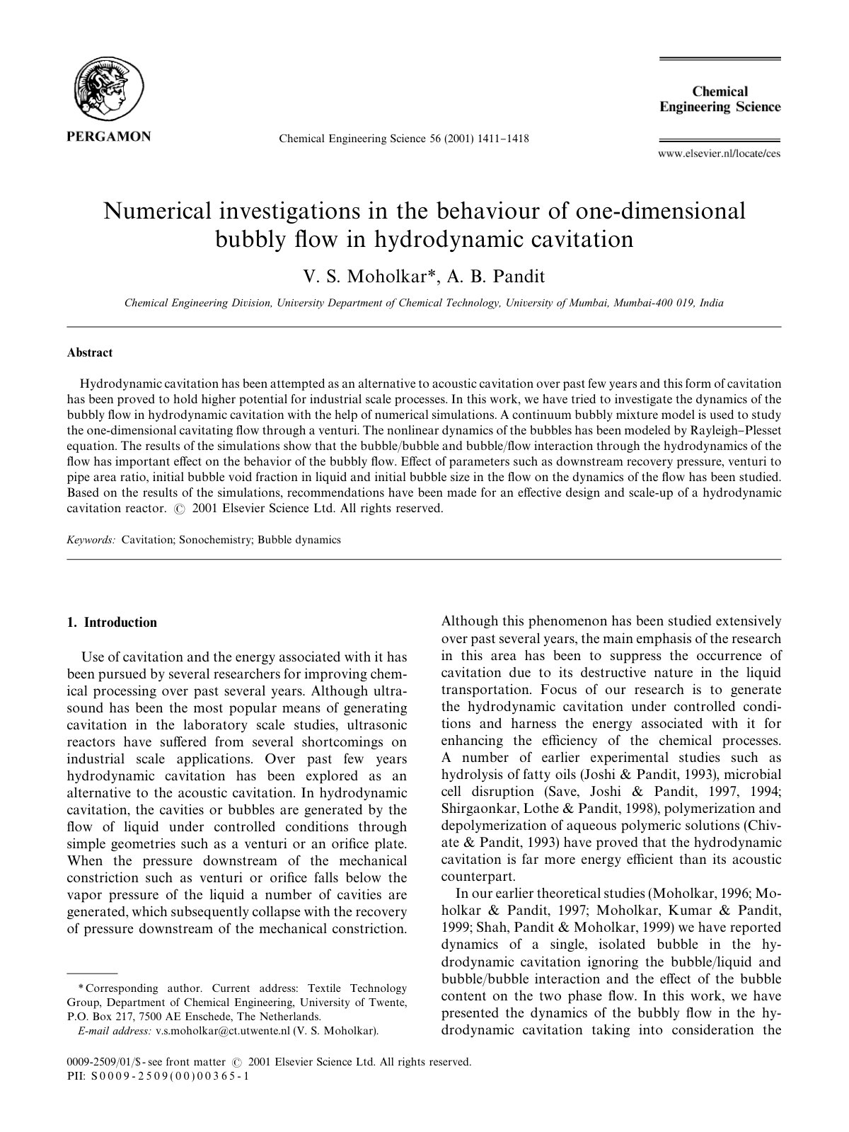 First page of Numerical investigations in the behaviour of one-dimensional bubbly flow in hydrodynamic cavitation