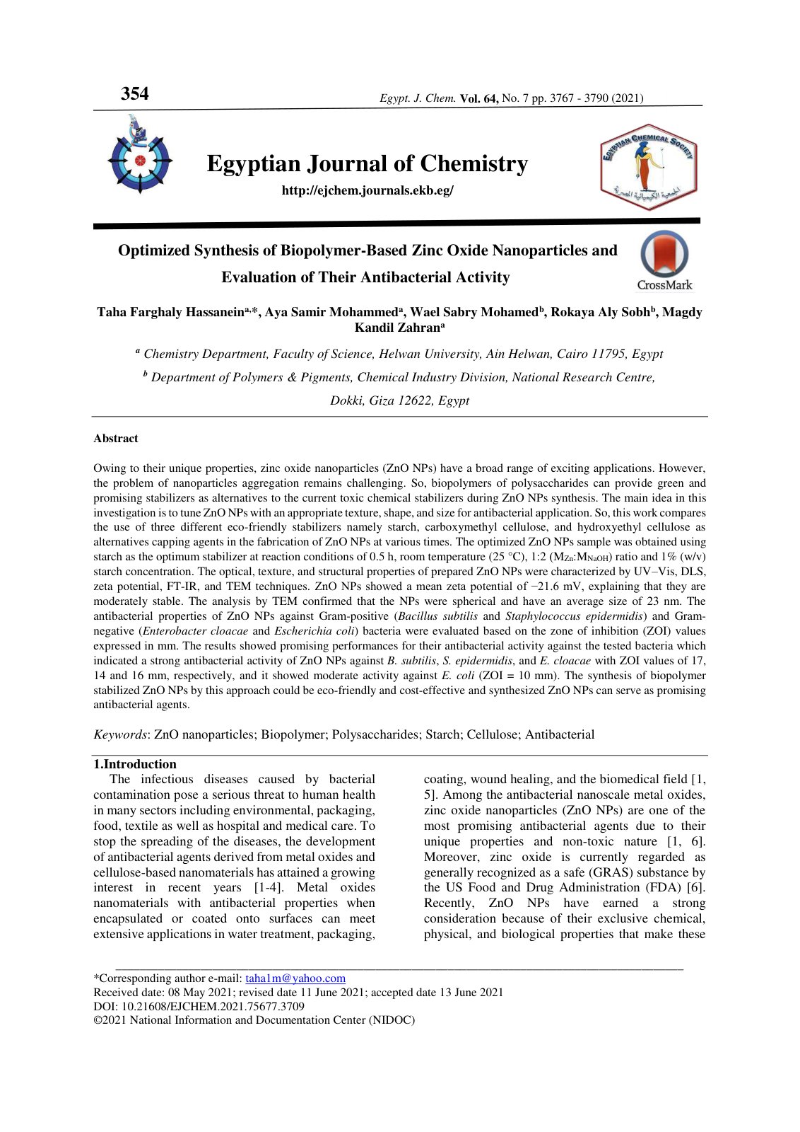 First page of Optimized Synthesis of Biopolymer Based