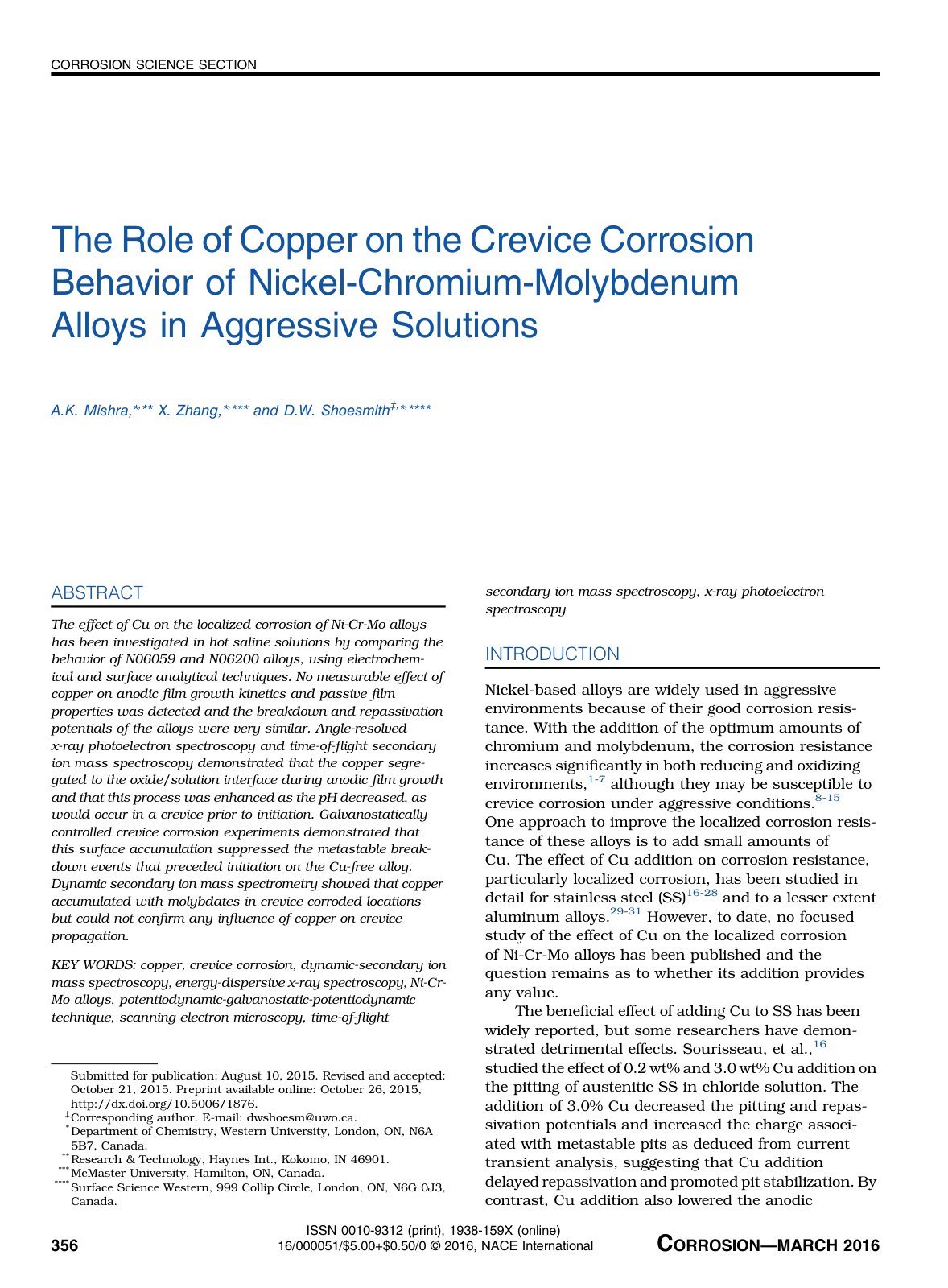First page of The Role of Copper on the Crevice Corrosion Behavior of Nickel-Chromium-Molybdenum Alloys in Aggressive Solutions