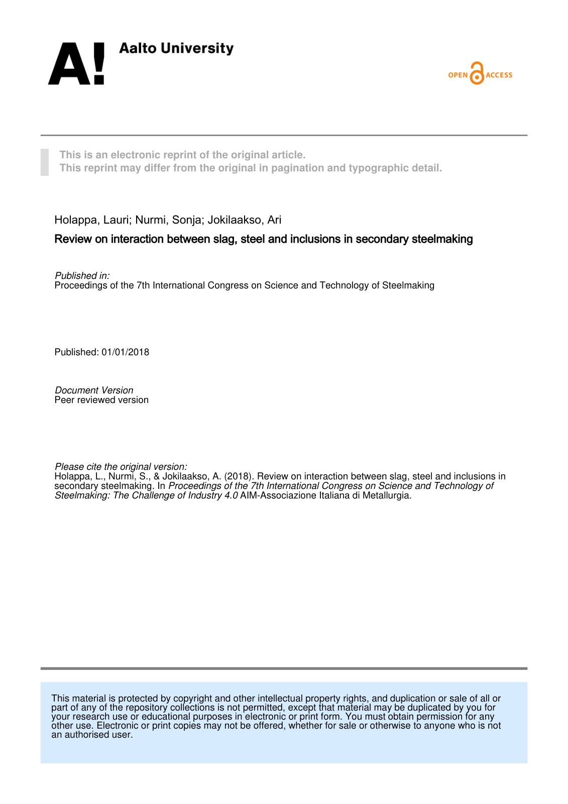 First page of On Interaction Between Slag Steel and In