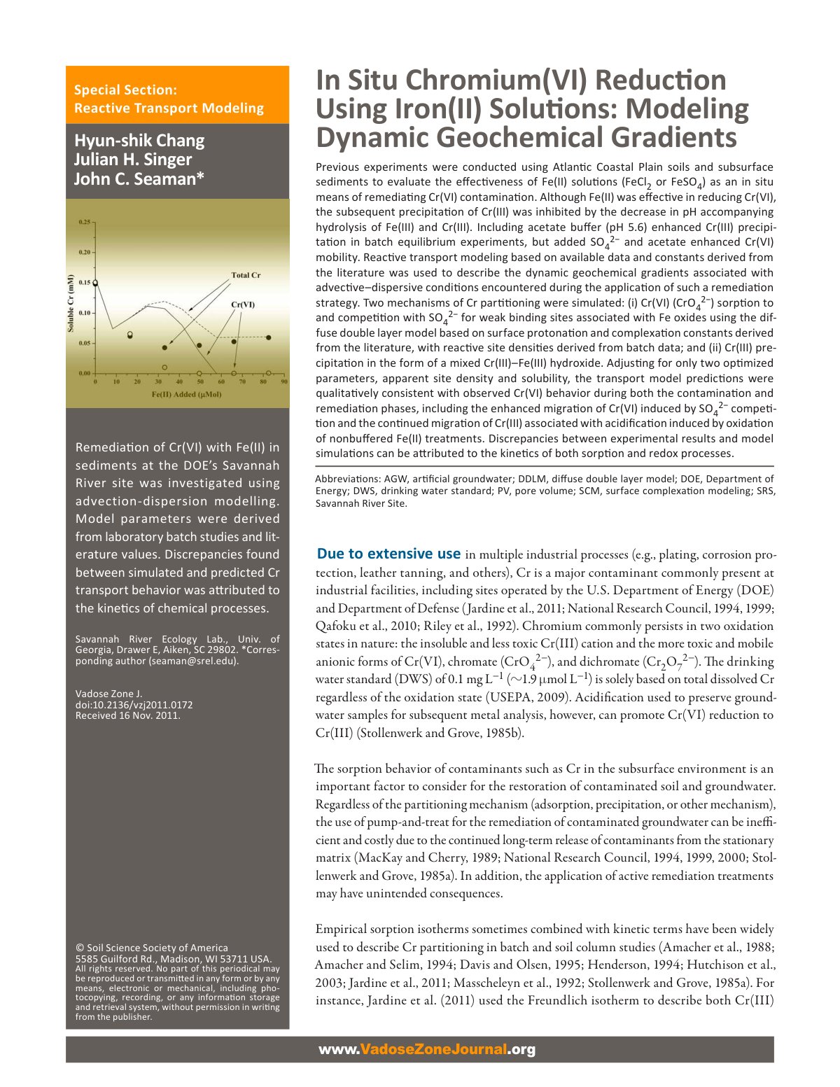 First page of In Situ Chromium(VI) ReducƟ on Using Iron(II) SoluƟ ons: Modeling Dynamic Geochemical Gradients