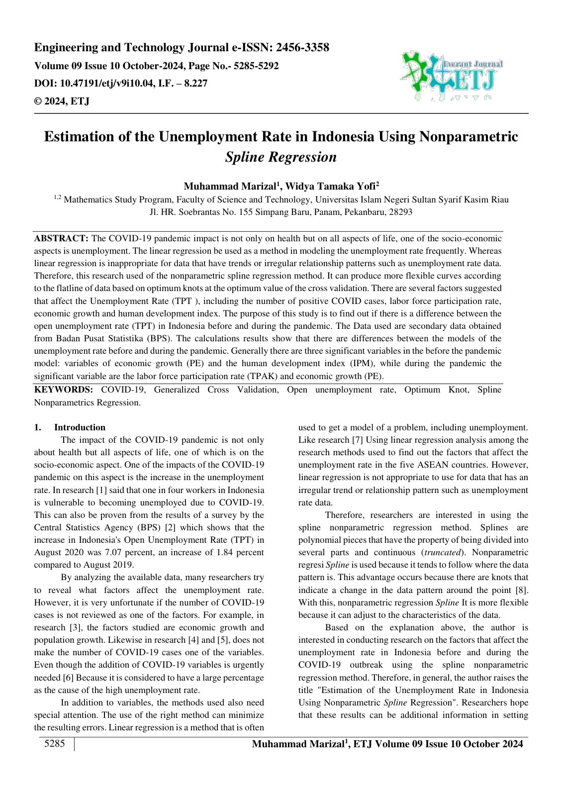 First page of Estimation of the Unemployment Rate in Indonesia Using Nonparametric 