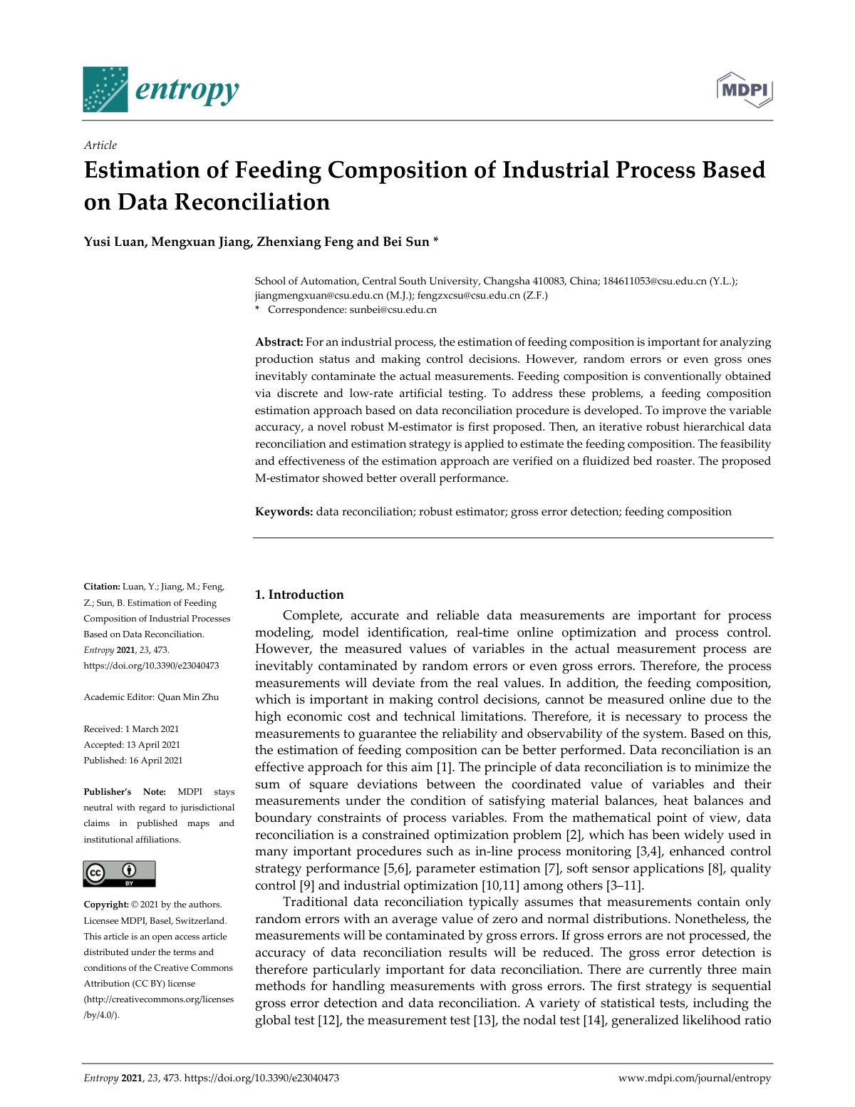 First page of Estimation of Feeding Composition of Industrial Process Based on Data Reconciliation