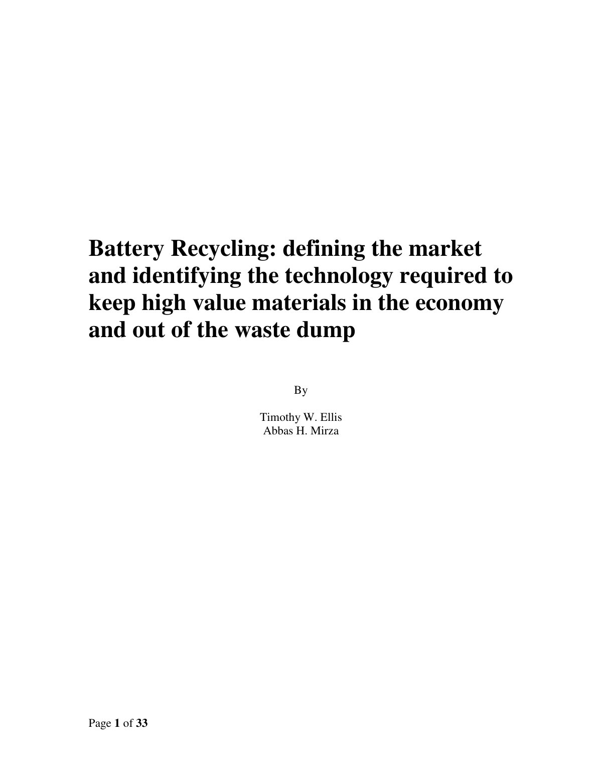 First page of Battery Recycling: defining the market and identifying the technology required to keep high value materials in the economy and out of the waste dump