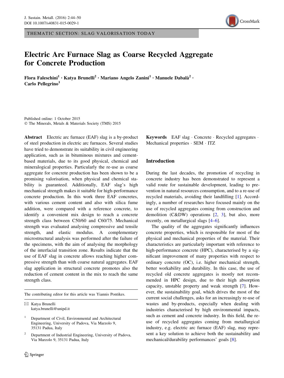 First page of Electric Arc Furnace Slag as Coarse Recycled Aggregate for Concrete Production