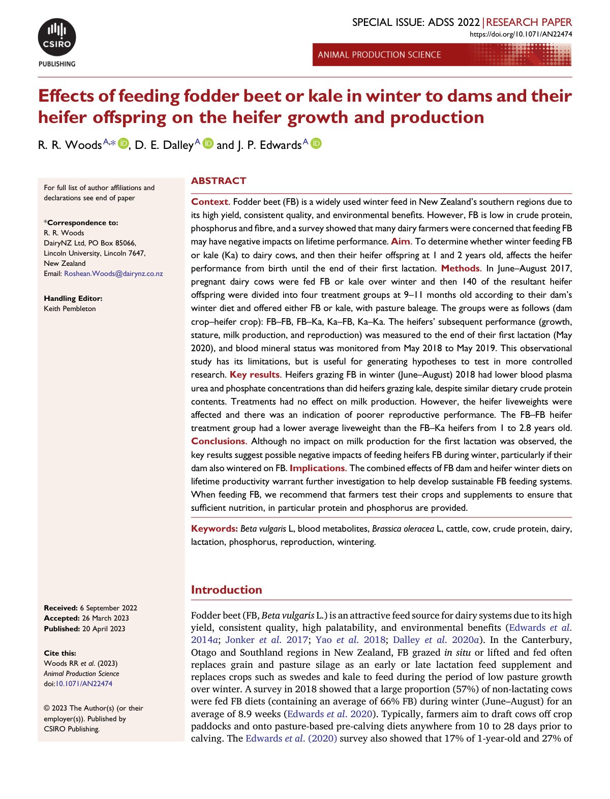First page of Effects of feeding fodder beet or kale i