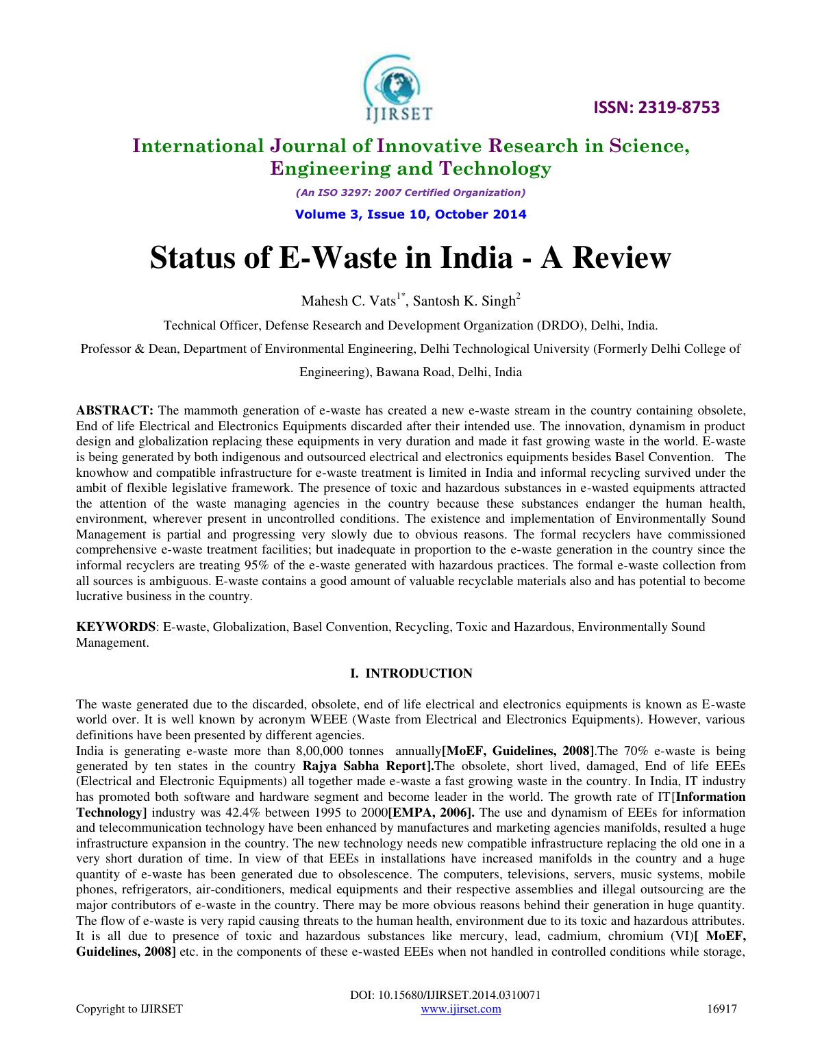 First page of Status of E Waste in India A Review