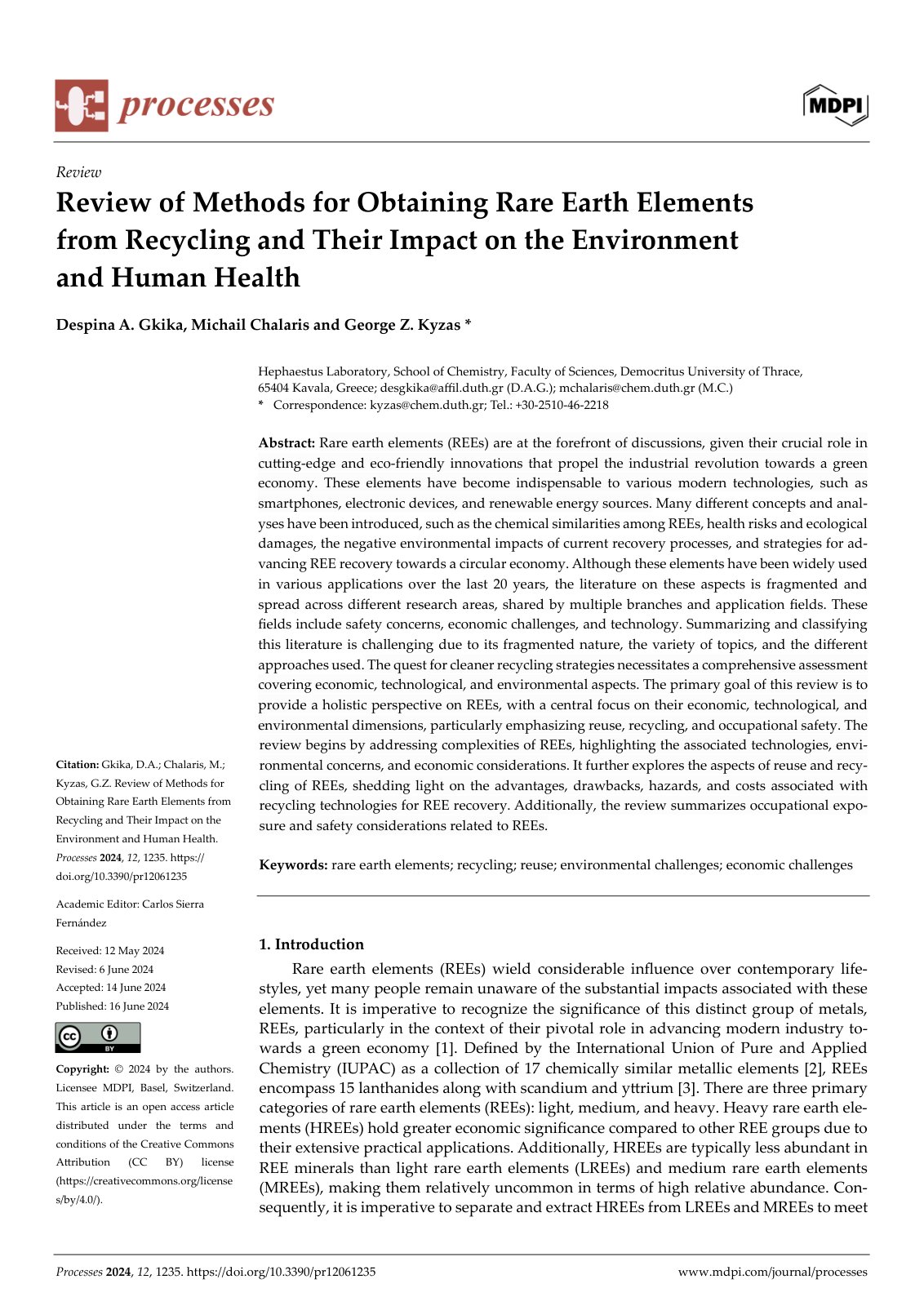 First page of Review of Methods for Obtaining Rare Earth Elements from Recycling and Their Impact on the Environment and Human Health
