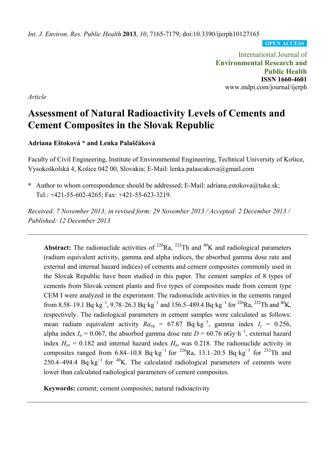 First page of Assessment of Natural Radioactivity Levels of Cements and Cement Composites in the Slovak Republic