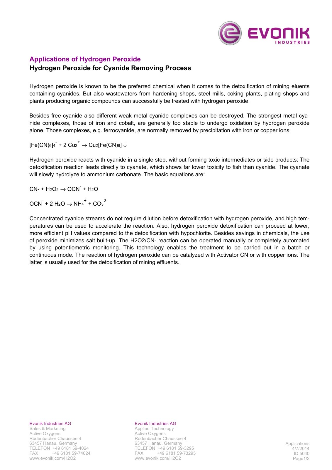First page of applications hydrogen peroxide for cyanide removing process en (1)