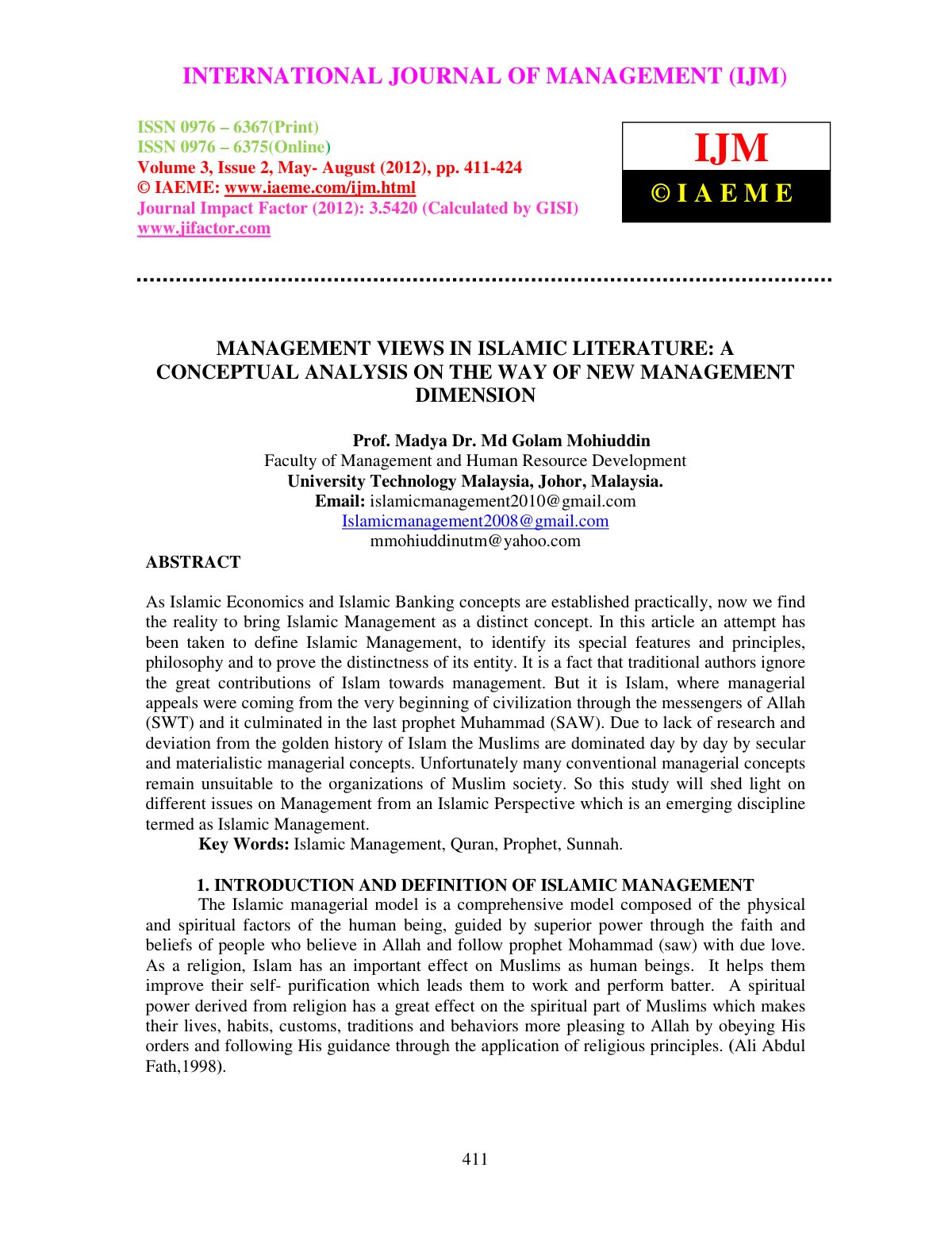 First page of MANAGEMENT VIEWS IN ISLAMIC LITERATURE A
