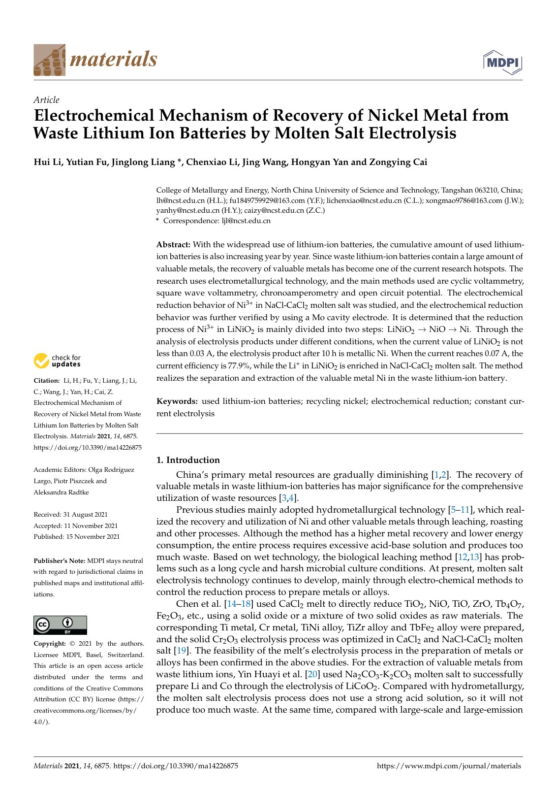 First page of 2021 Hui Li Electrochemical Mechanism of Recovery of Nickel Metal from Waste Lithium Ion Batteries by Molten Salt Ele ma14226875