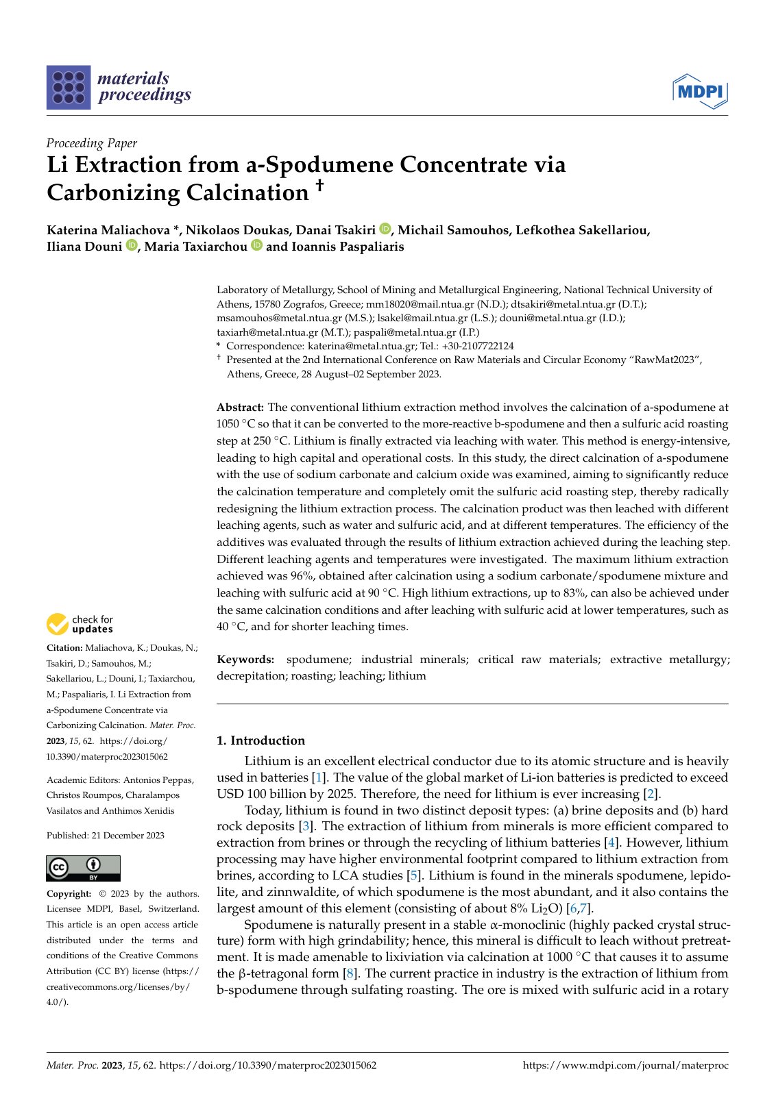 First page of Li Extraction from a-Spodumene Concentrate via Carbonizing Calcination