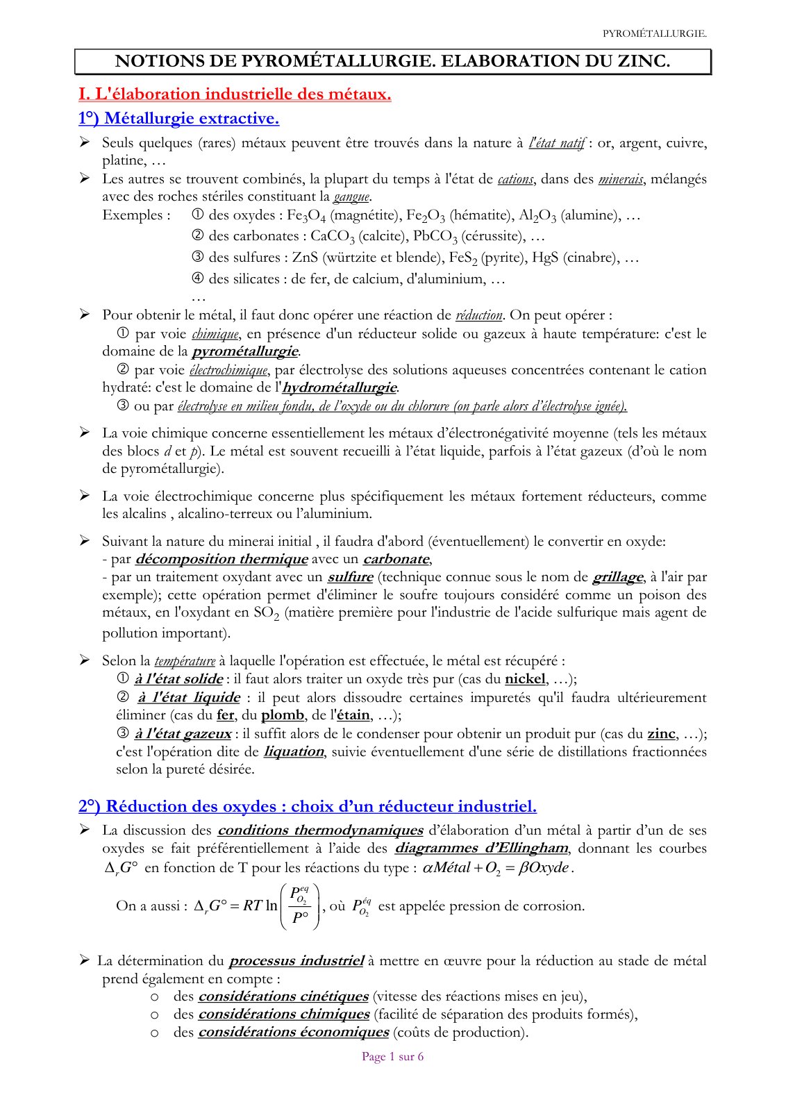 First page of NOTIONS DE PYROMÉTALLURGIE. ELABORATION DU ZINC.