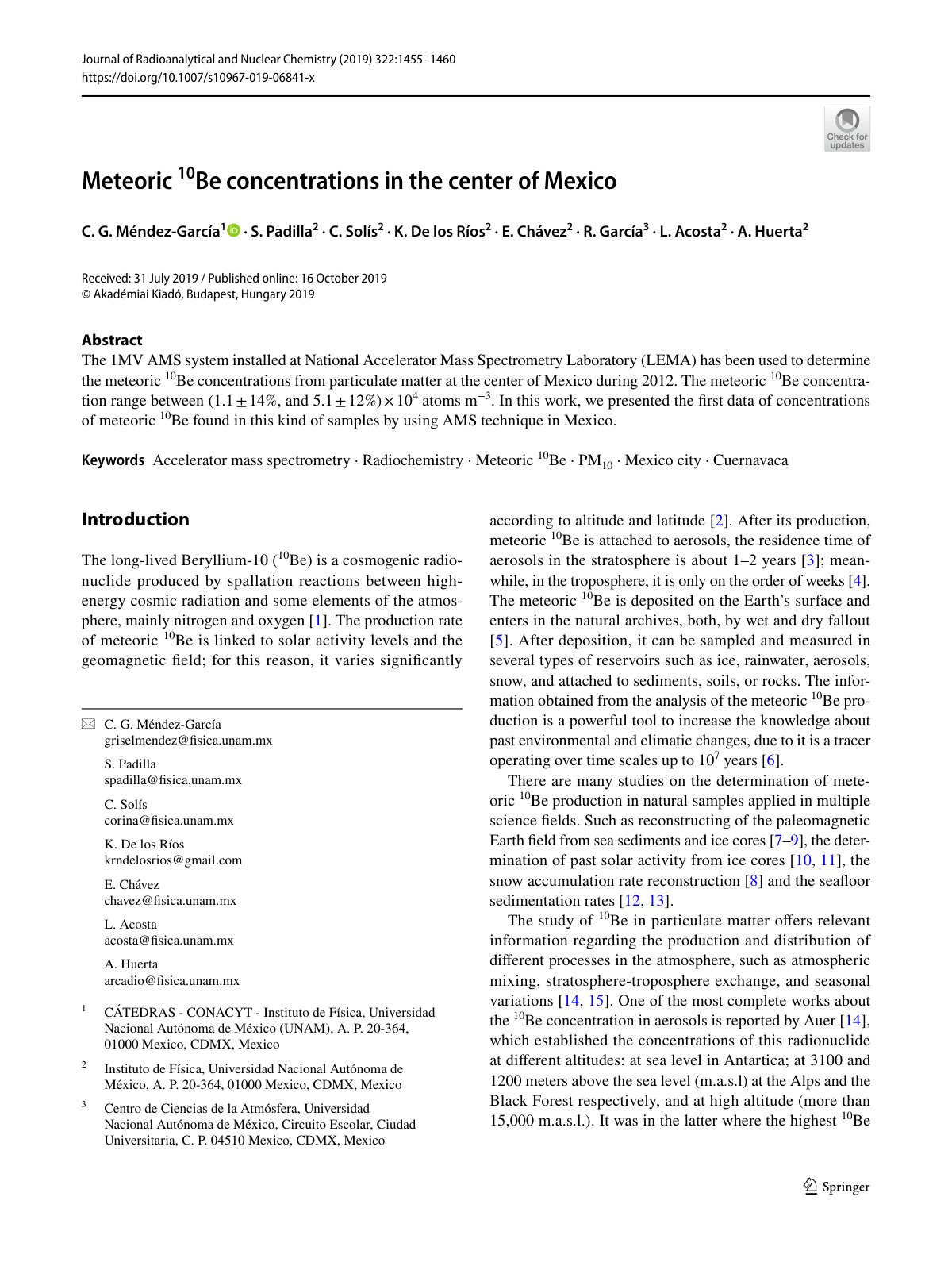 First page of Meteoric 10Be concentrations in the center of Mexico