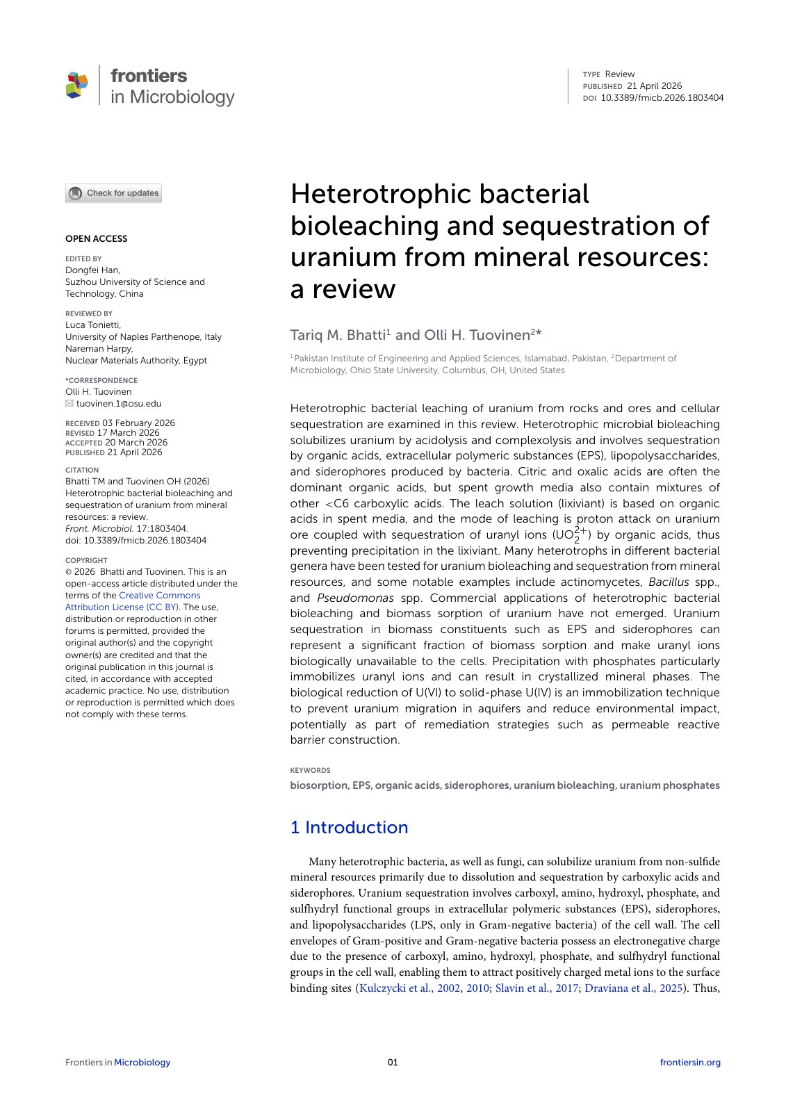 First page of 2026   Bhatti   Uranium Bioleaching and Sequestration Review