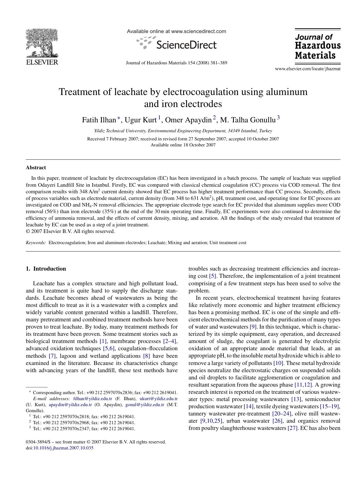 First page of Treatment of leachate by electrocoagulation using aluminum and iron electrodes