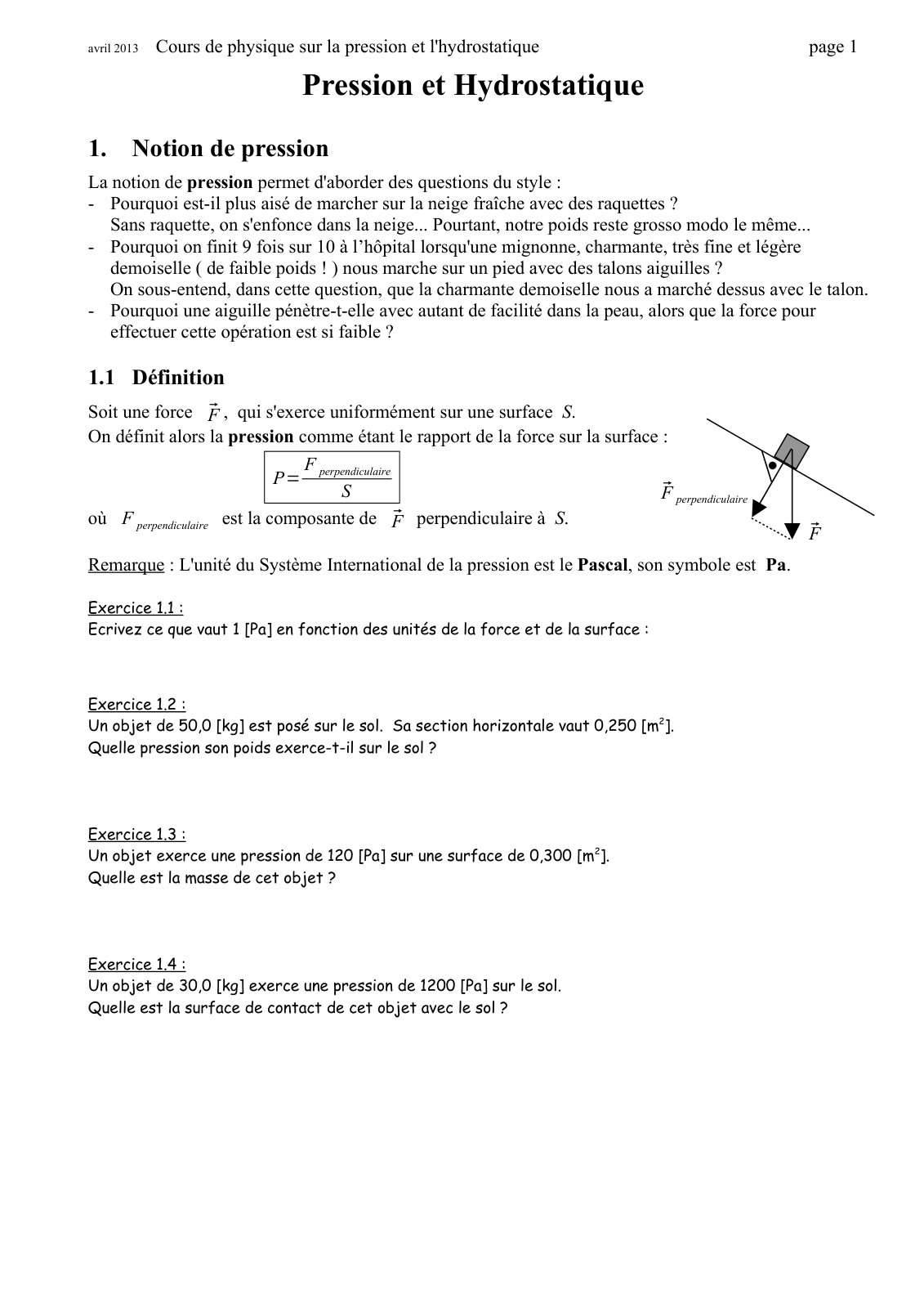 First page of Cours de physique sur la pression et l'hydrostatique