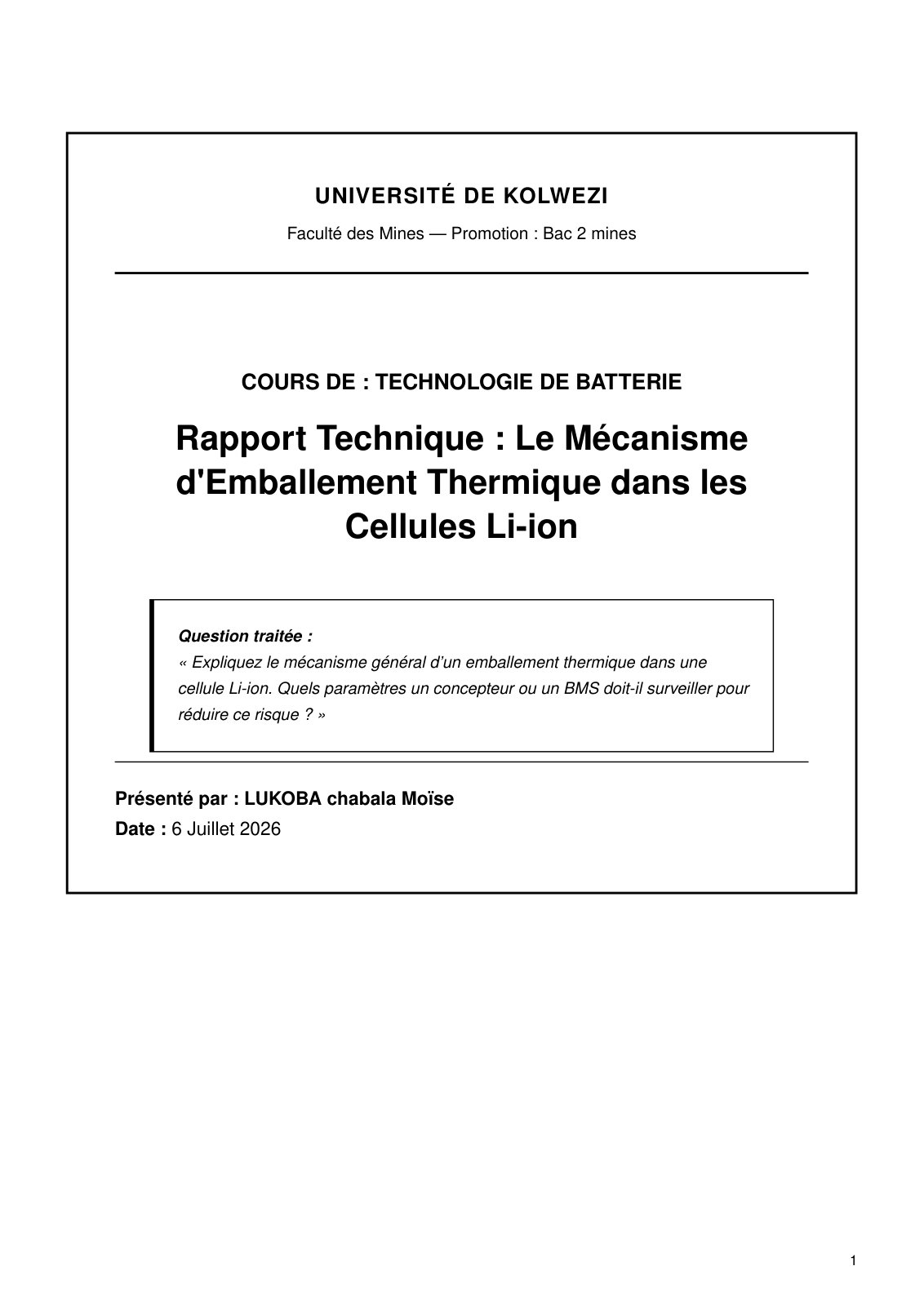 First page of Le Mécanisme d'Emballement Thermique dans les Cellules Li-ion